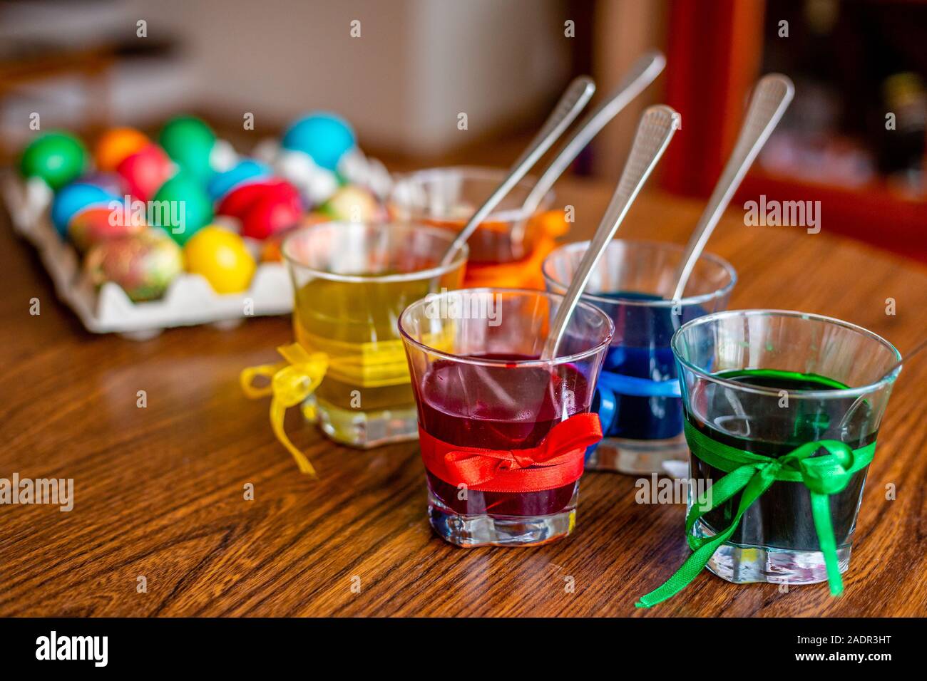 Traditional handmade easter eggs. Painted with different paints and by different ways. Stock Photo