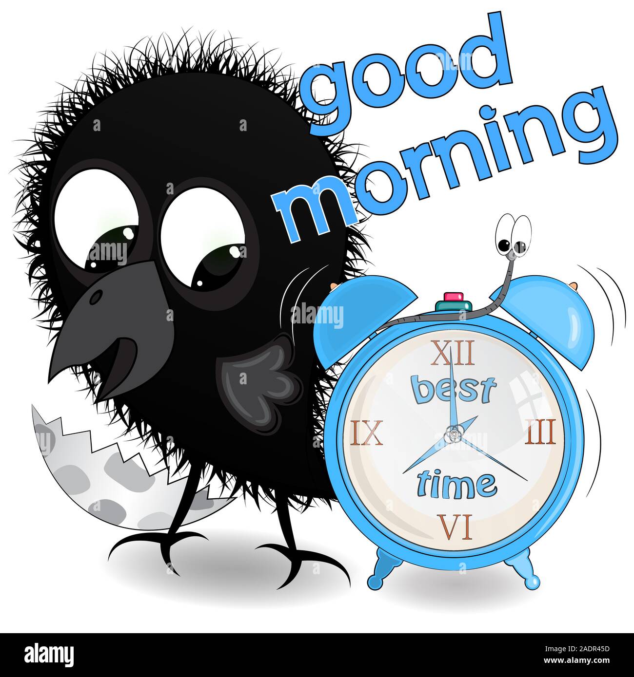 Good morning vector illustration with little crow on a white background. Stock Vector