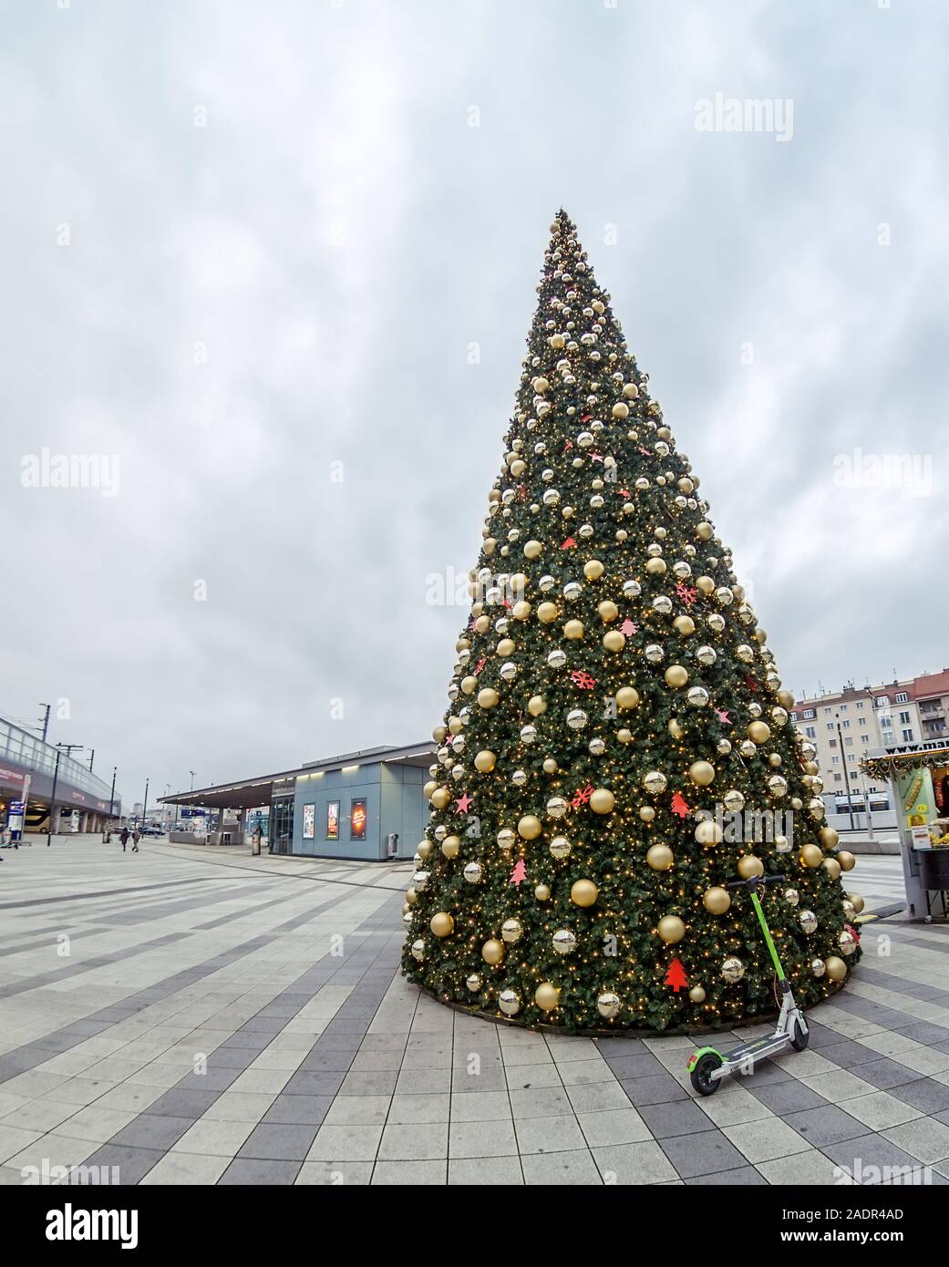 Vienna Austria November.27 2019, Big Christmas tree placed on Sudtiroler platz the main train station of the city Stock Photo