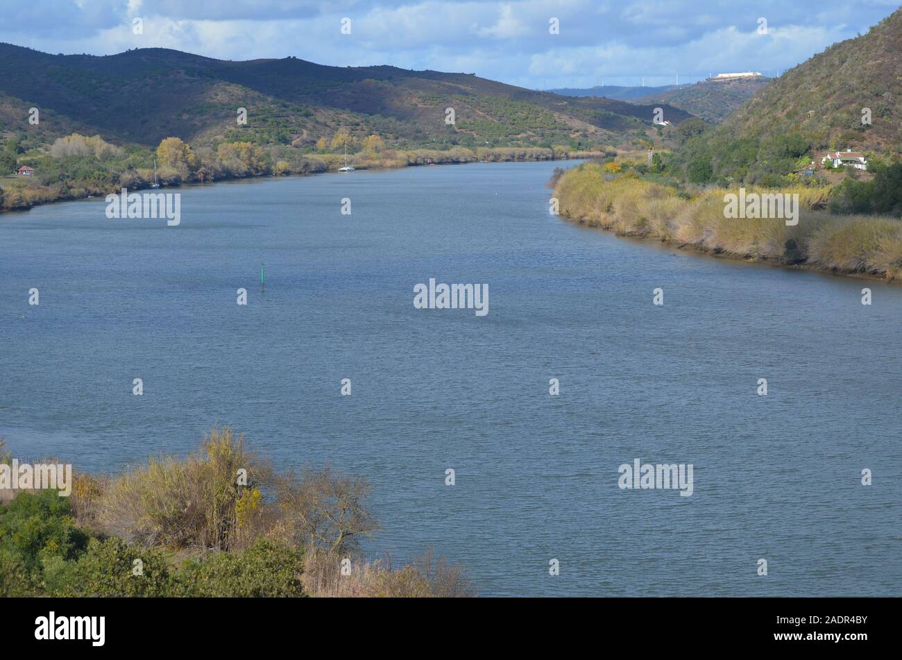 The lower Guadiana valley (at the border between Portugal and Spain), a mosaic ecosystem encompassing estuarine waters, small scale orchards, riverine Stock Photo