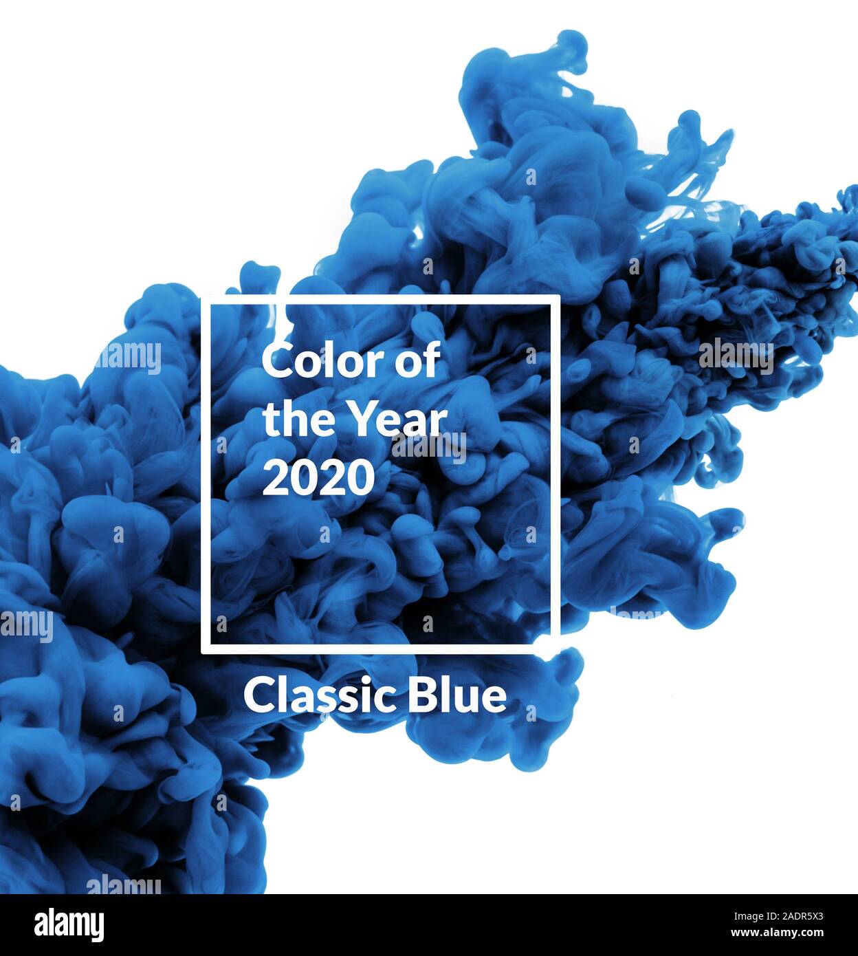 Cloud of blue ink in water isolated on white. Color of the year 2020 classic blue. Stock Photo