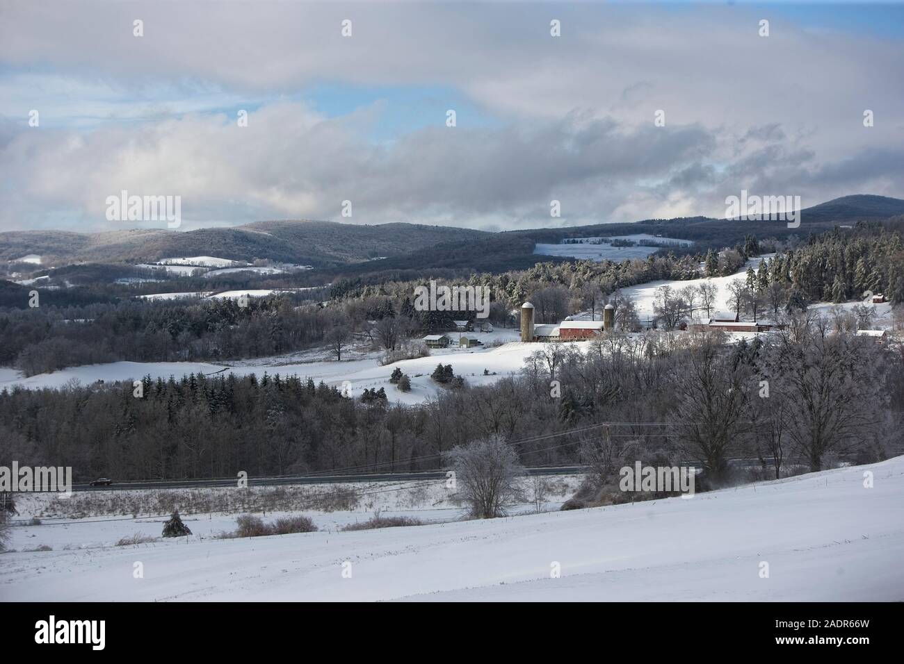 A peaceful Valley in Vermont after a snowfall Stock Photo