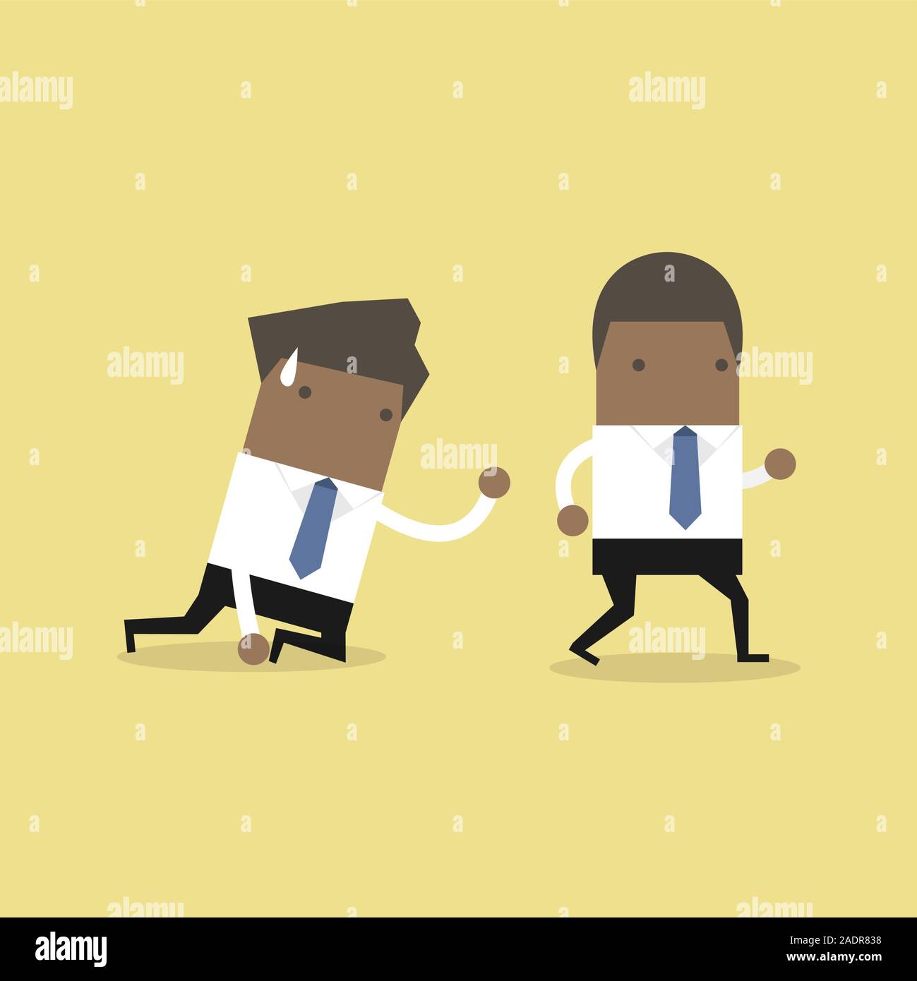 African businessman walks away from coworker crawling on the floor and calling out for help. Stock Vector