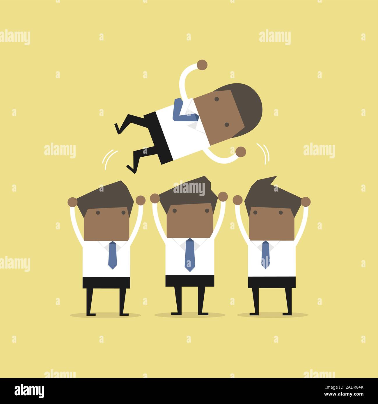 African businessman being throwing up by his teamwork Stock Vector