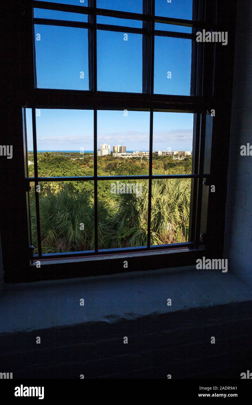 Window of the Jupiter Inlet Lighthouse in Jupiter, Florida Stock Photo