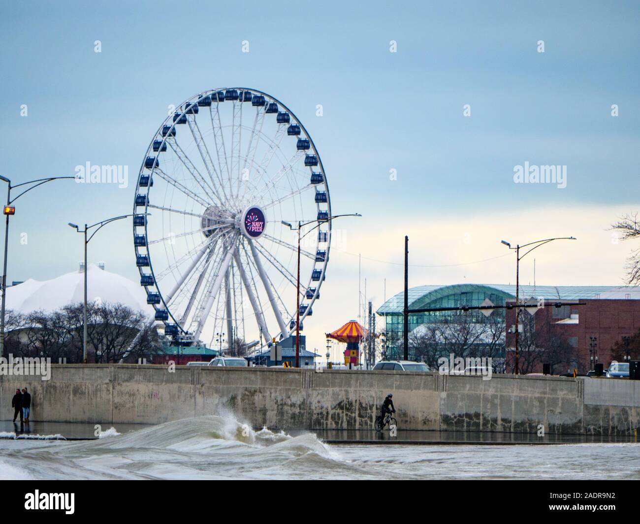 Navy Pier Ferris Wheel and surf. Chicago, Illinois. Stock Photo
