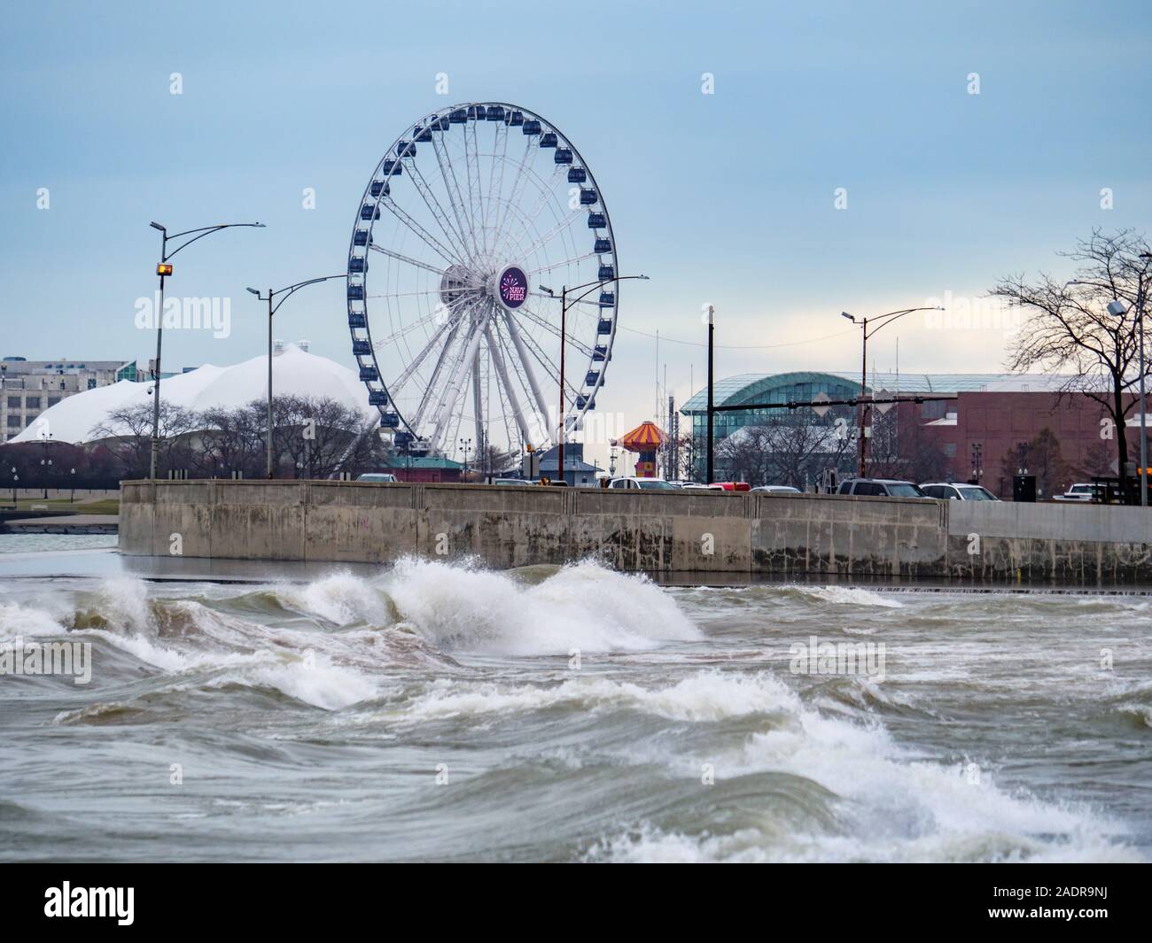 Navy Pier Ferris Wheel and surf. Chicago, Illinois. Stock Photo