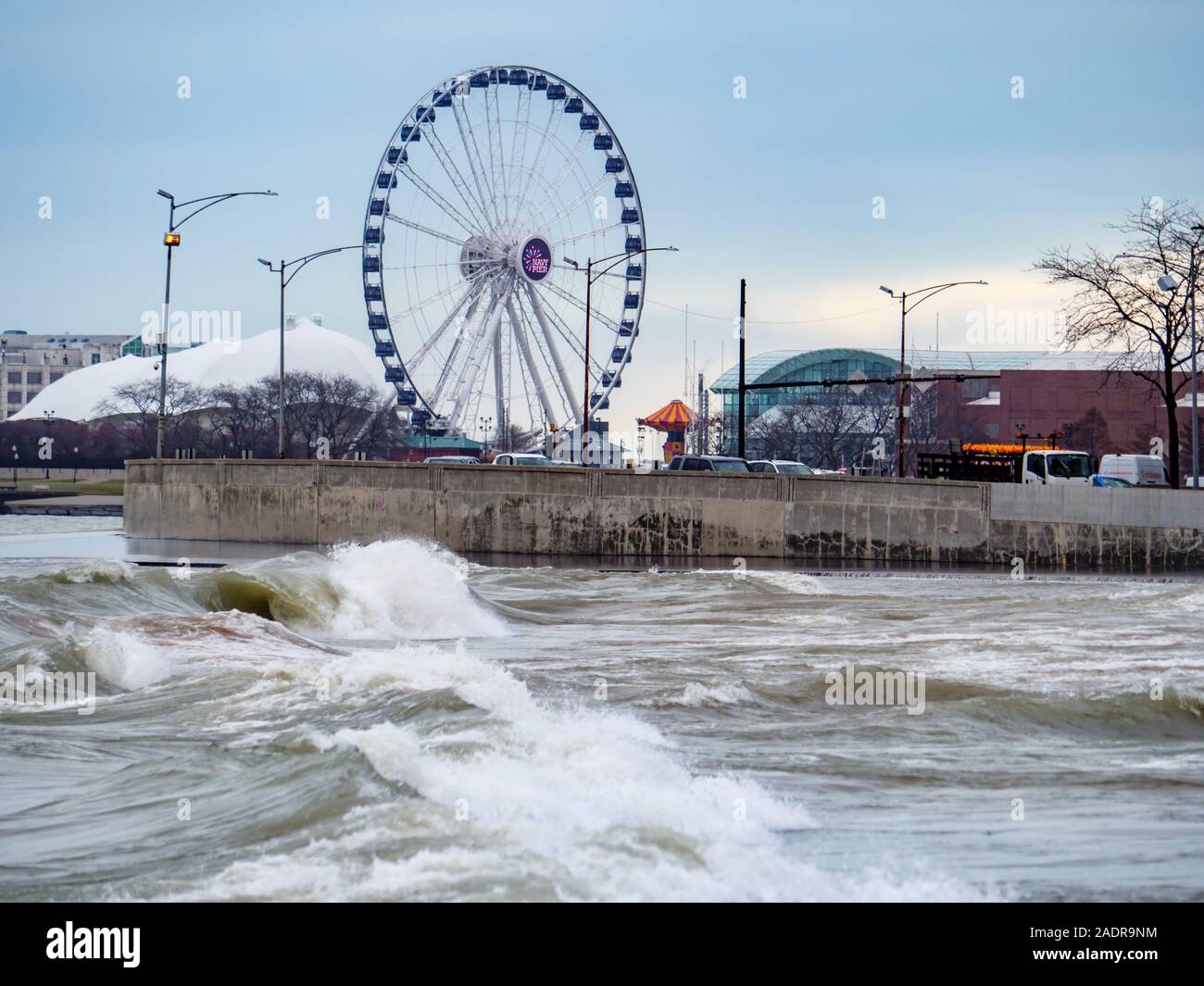 Navy Pier Ferris Wheel and surf. Chicago, Illinois. Stock Photo