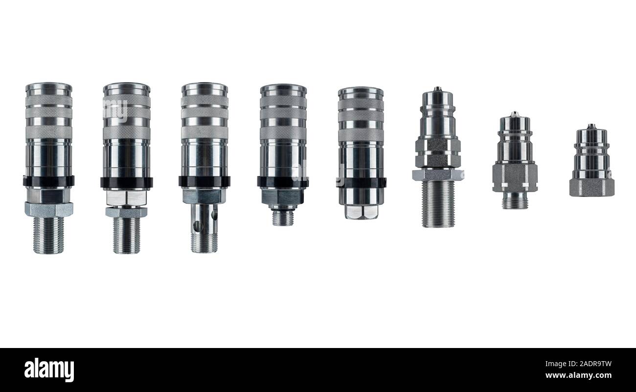 Group of Euro standard Hydraulic quick couplers for quick connect fitting  coupling. Made of stainless steel for join hose oil, water and air.  Isolated Stock Photo - Alamy