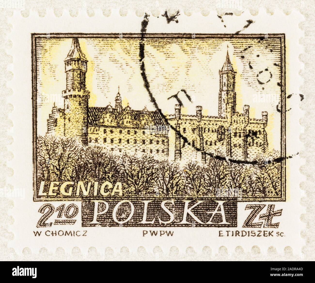 SEATTLE WASHINGTON - October 9, 2019: Stamp of Legnica  Poland featuring Piast Castle in yellow and black. Scott # 962. Stock Photo