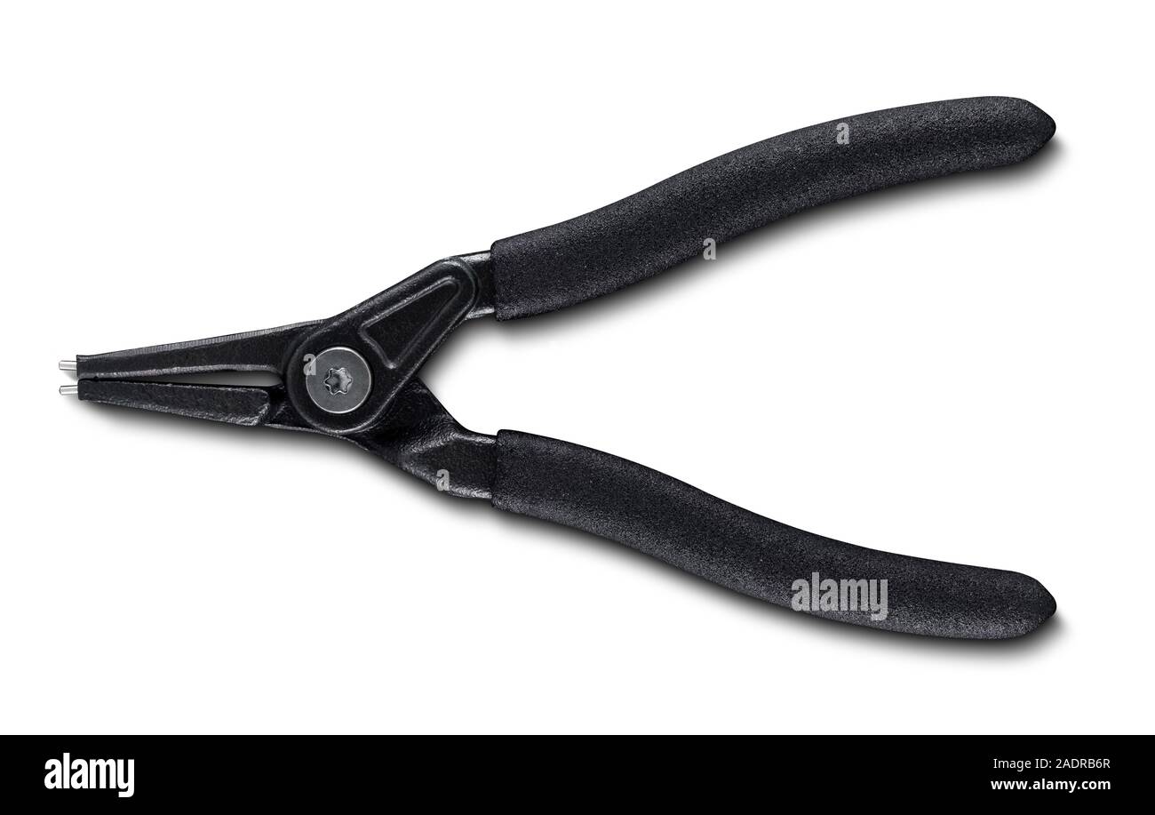 Black pliers for circlips - Snap rings or Seeger rings, orbis,  placed on a white isolated backgorund with shadow. Stock Photo