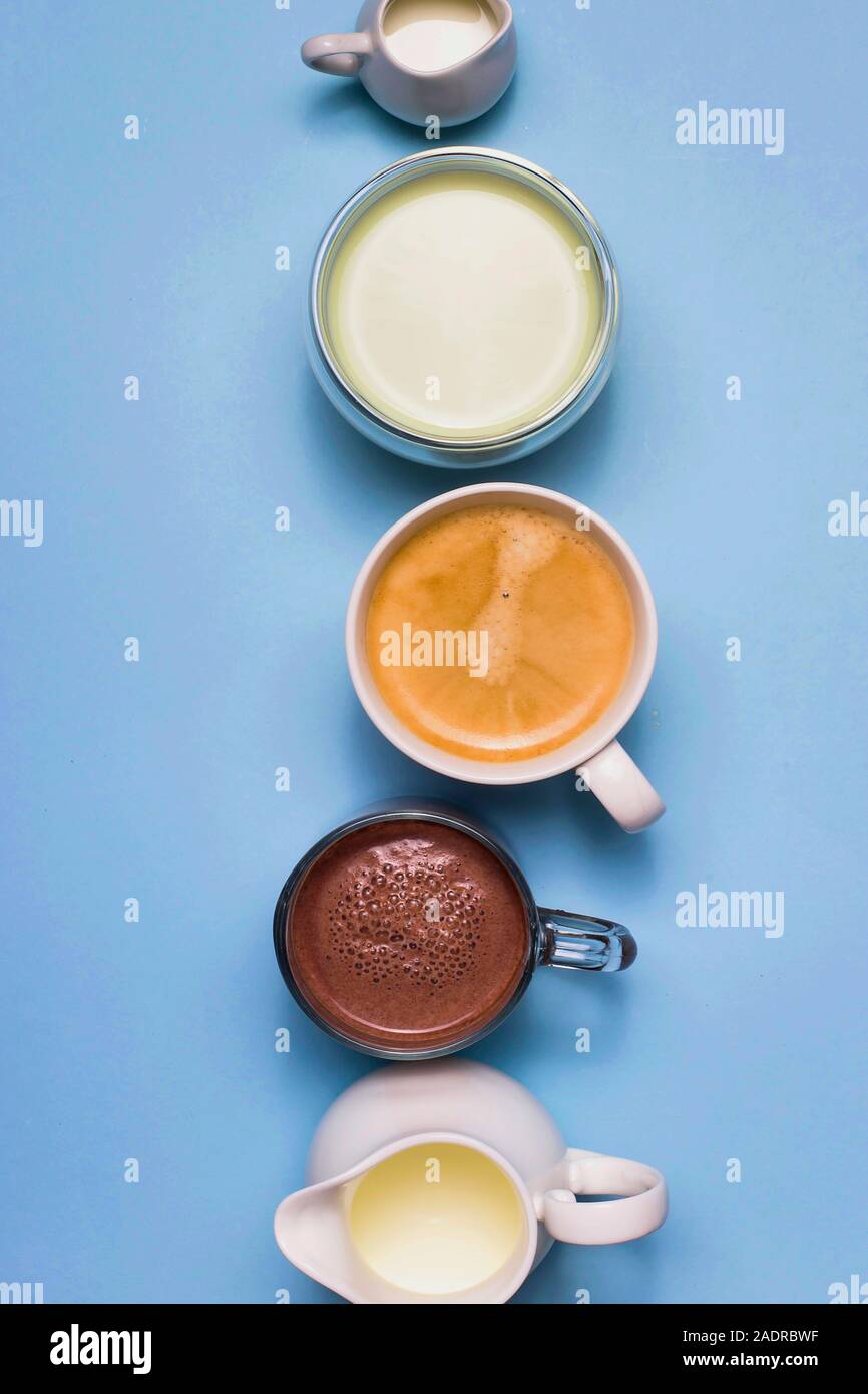Classic blue background with different types of hot drinks coffee