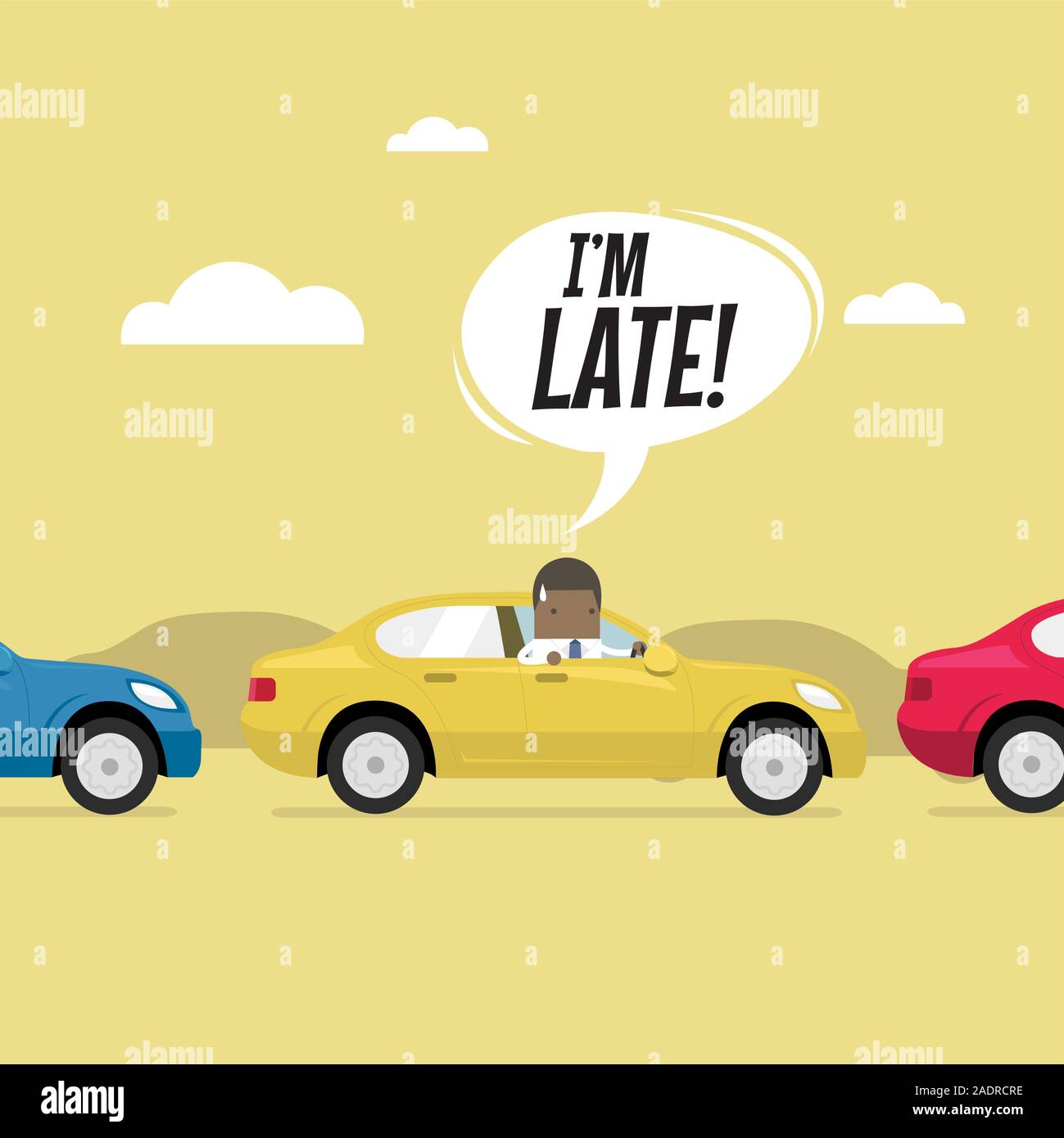 African businessman on the road with traffic jam, Late for work. Stock Vector