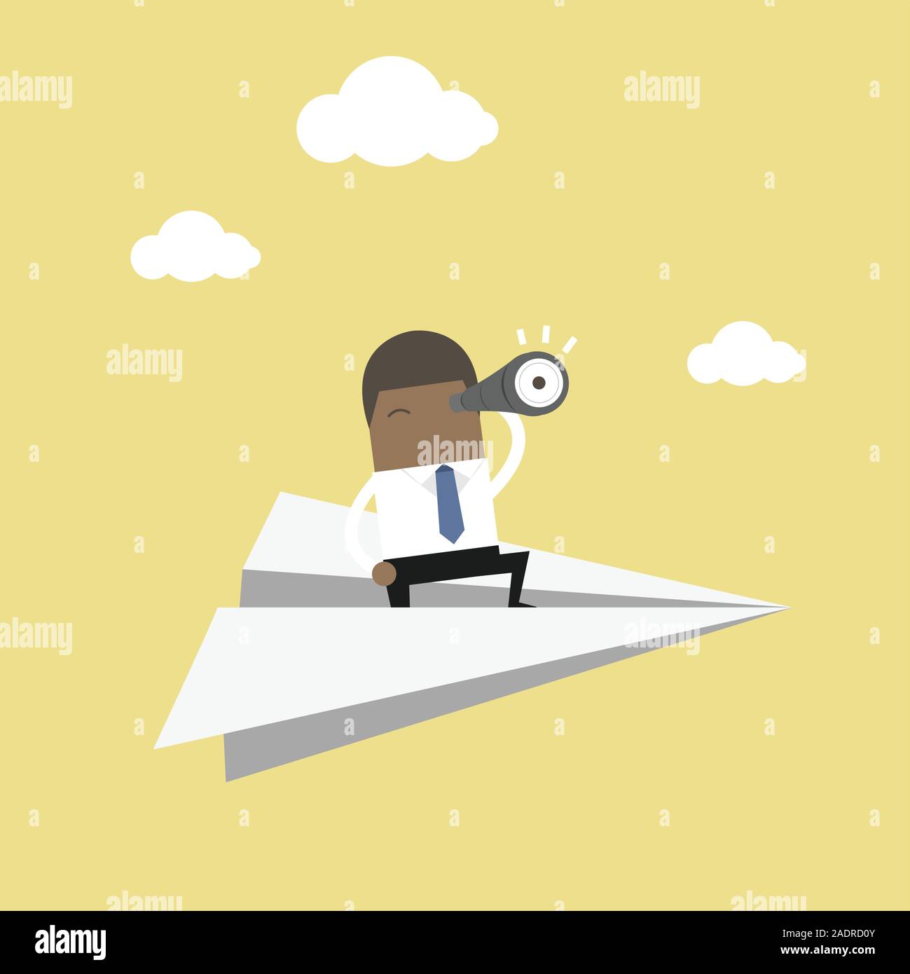 African businessman is flying while using telescope. Stock Vector