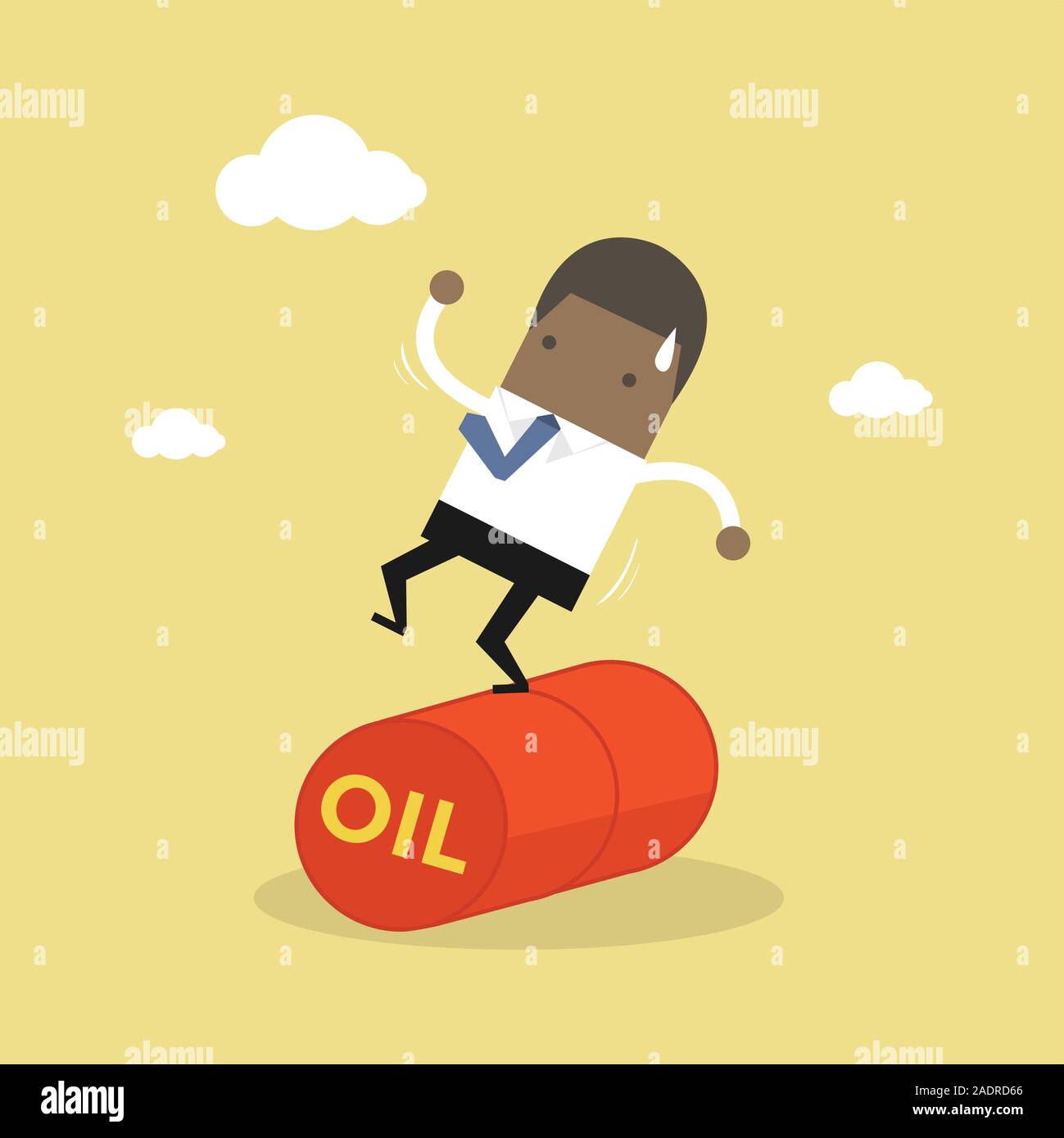 African businessman balancing on oil barrel rolling. Stock Vector