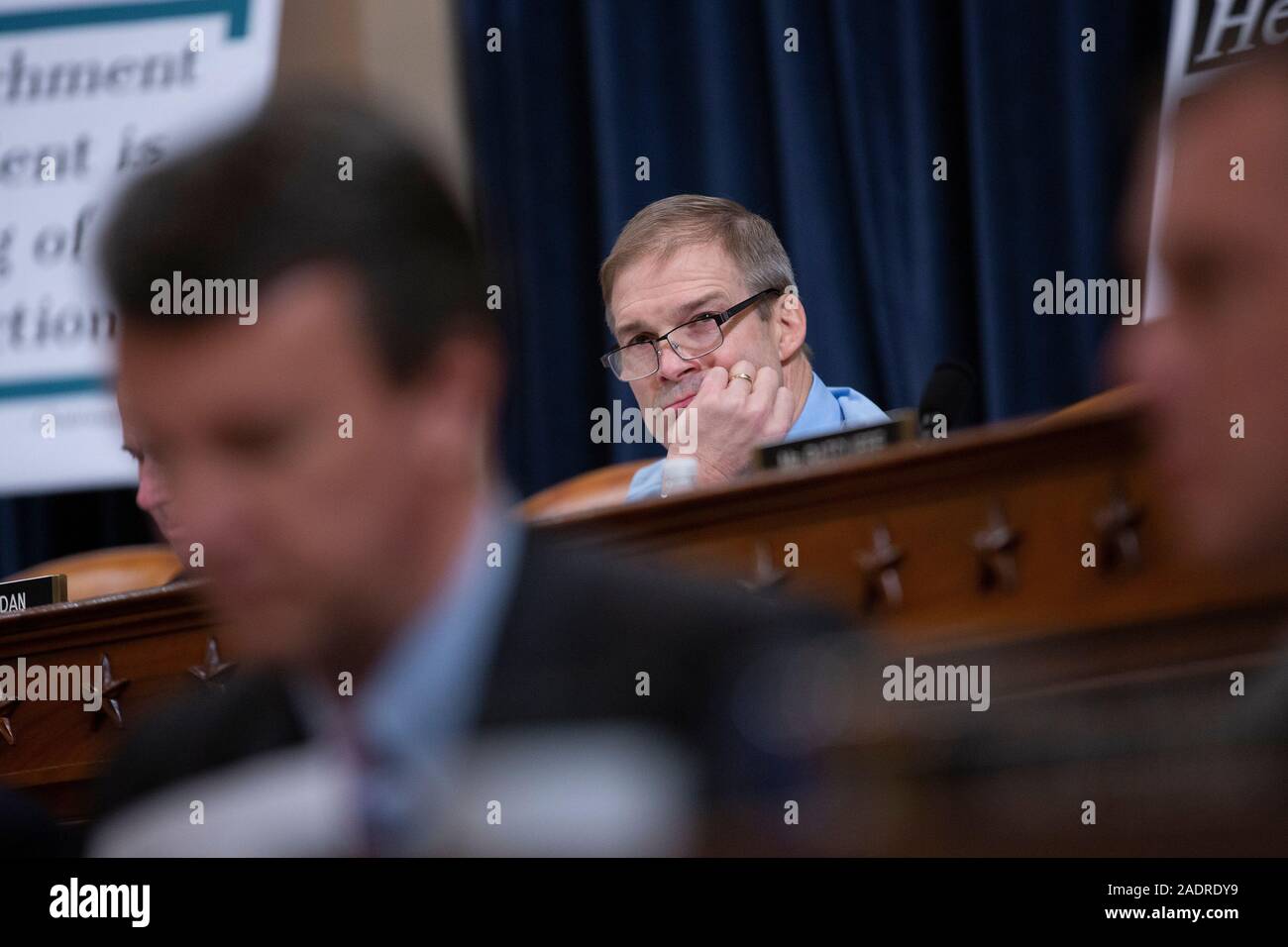 Washington, United States Of America. 04th Dec, 2019. United States Representative Jim Jordan (Republican of Ohio) listens during the United States House Committee on the Judiciary hearing with constitutional law experts Noah Feldman, of Harvard University, Pamela Karlan, of Stanford University, Michael Gerhardt, of the University of North Carolina, and Jonathan Turley of The George Washington University Law School on Capitol Hill in Washington, DC, U.S. on Wednesday, December 4, 2019. Credit: Stefani Reynolds/CNP | usage worldwide Credit: dpa/Alamy Live News Stock Photo