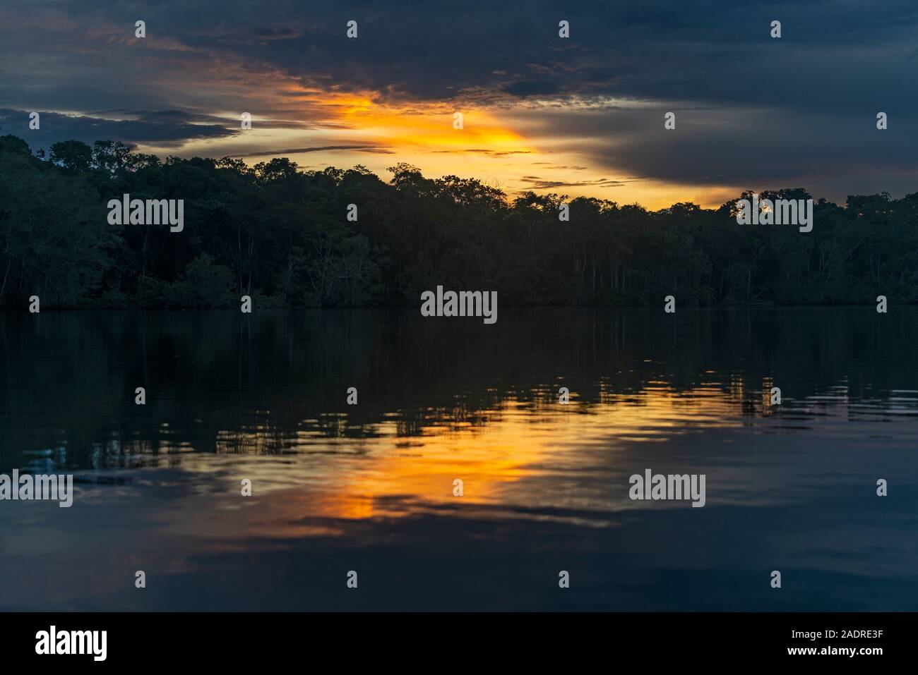 Sunset in the Amazon Rainforest River comprising the countries of Brazil, Bolivia, Colombia, Ecuador, Peru, Guyana, Suriname and Bolivia. Stock Photo