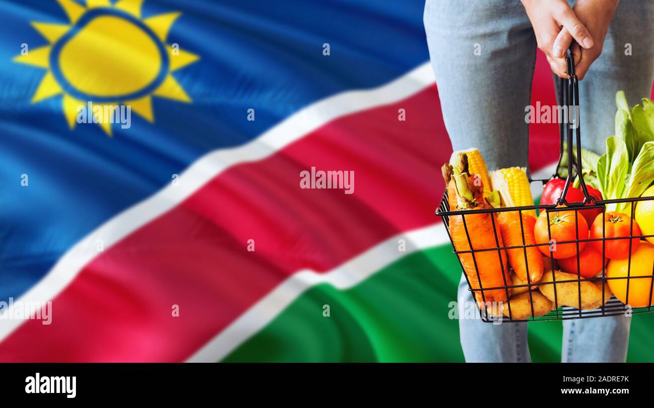 Woman is holding supermarket basket, Namibia waving flag background. Economy concept for fresh fruits and vegetables. Stock Photo