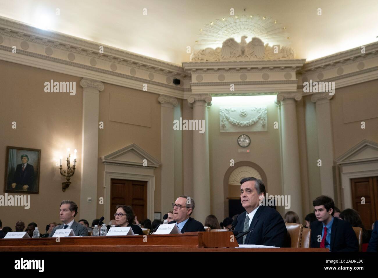 Washington, United States Of America. 04th Dec, 2019. Constitutional law experts Noah Feldman, of Harvard University, Pamela Karlan, of Stanford University, Michael Gerhardt, of the University of North Carolina, and Jonathan Turley of The George Washington University Law School, testify before the United States House Committee on the Judiciary on Capitol Hill in Washington, DC, U.S. on Wednesday, December 4, 2019. Credit: Stefani Reynolds/CNP | usage worldwide Credit: dpa/Alamy Live News Stock Photo