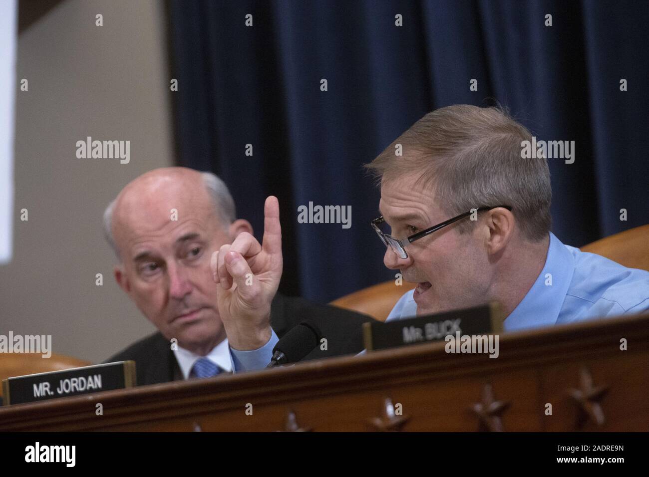 Washington, United States Of America. 04th Dec, 2019. United States Representative Jim Jordan (Republican of Ohio) speaks during the United States House Committee on the Judiciary hearing with constitutional law experts Noah Feldman, of Harvard University, Pamela Karlan, of Stanford University, Michael Gerhardt, of the University of North Carolina, and Jonathan Turley of The George Washington University Law School on Capitol Hill in Washington, DC, U.S. on Wednesday, December 4, 2019. Credit: Stefani Reynolds/CNP | usage worldwide Credit: dpa/Alamy Live News Stock Photo