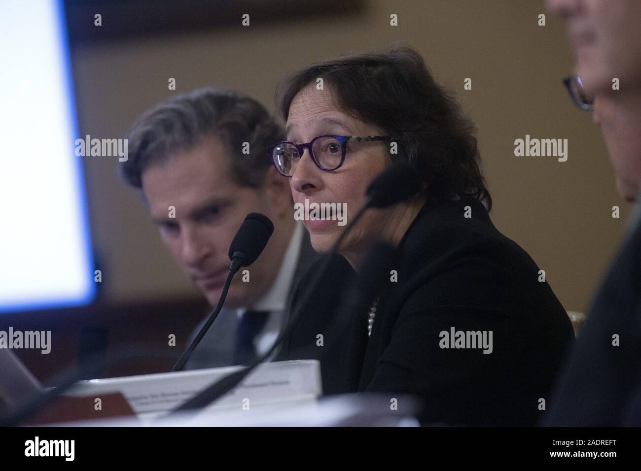 Washington, District of Columbia, USA. 4th Dec, 2019. Constitutional law expert Pamela Karlan, of Stanford University, along with Noah Feldman, of Harvard University, Michael Gerhardt, of the University of North Carolina, and Jonathan Turley of The George Washington University Law School, testifies before the United States House Committee on the Judiciary on Capitol Hill in Washington, DC, U.S. on Wednesday, December 4, 2019. Credit: Stefani Reynolds/CNP/ZUMA Wire/Alamy Live News Stock Photo