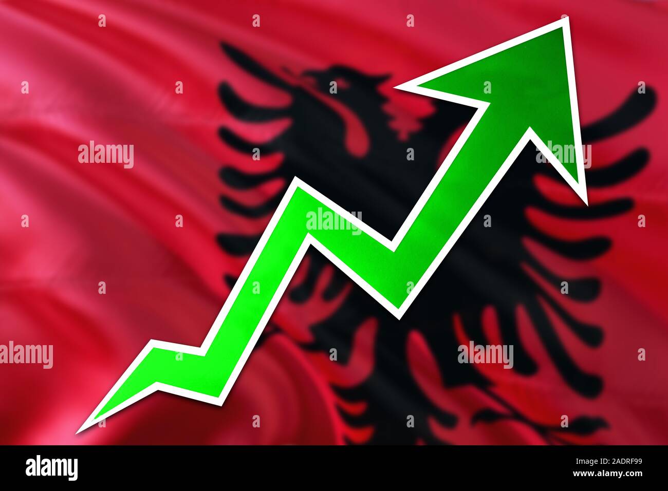 Albania economy graph is indicating positive growth, green arrow going
