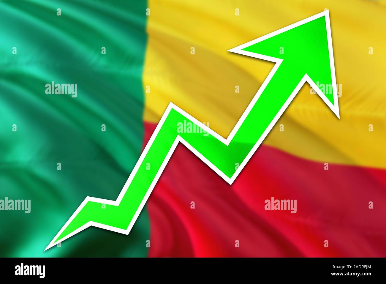Benin economy graph is indicating positive growth, green arrow going up with trend line. Business concept on national background. Stock Photo