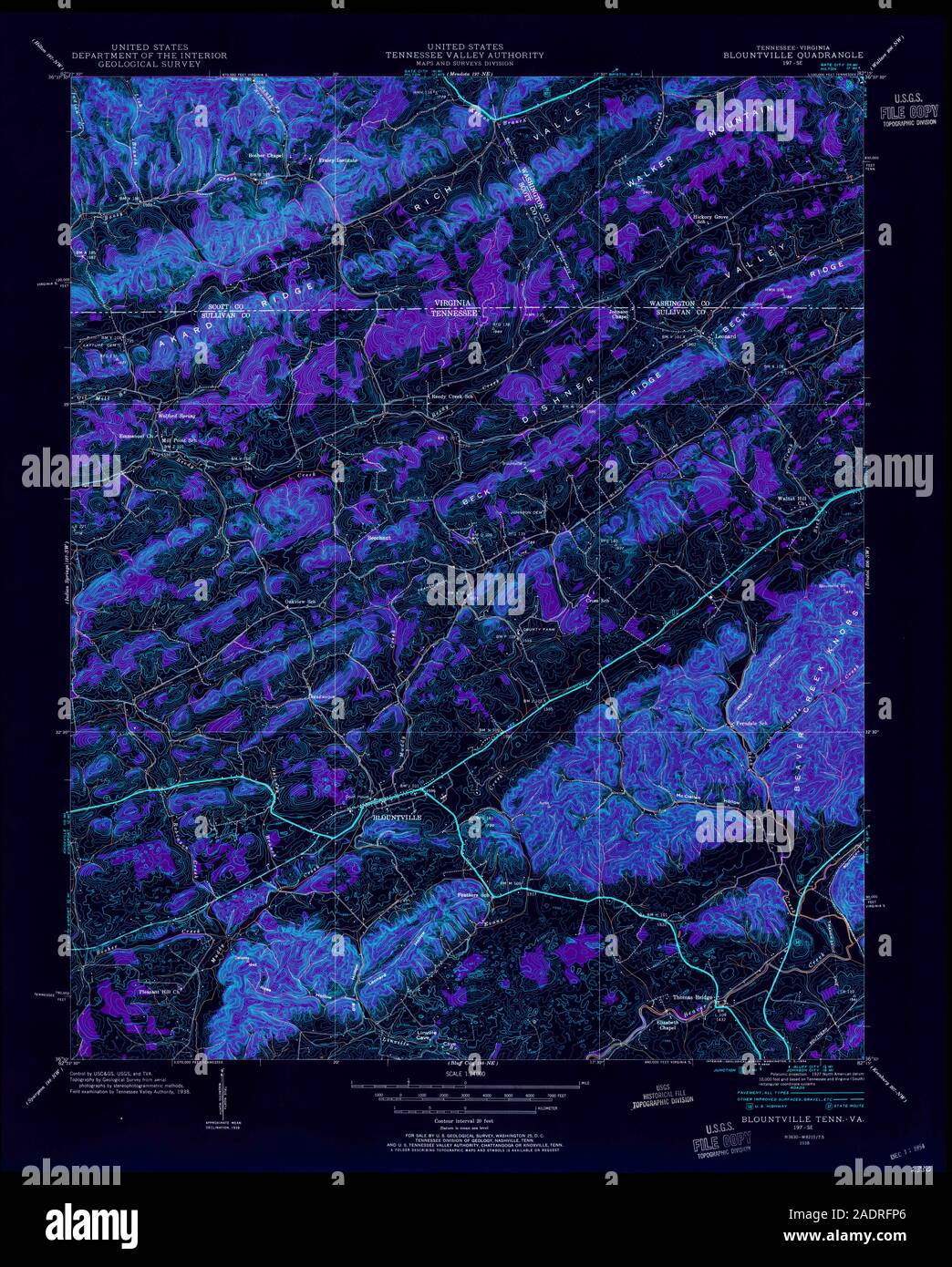 USGS TOPO Map Tennessee TN Blountville 149430 1938 24000 Inverted Restoration Stock Photo