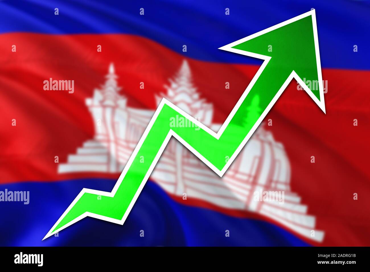 Cambodia economy graph is indicating positive growth, green arrow going