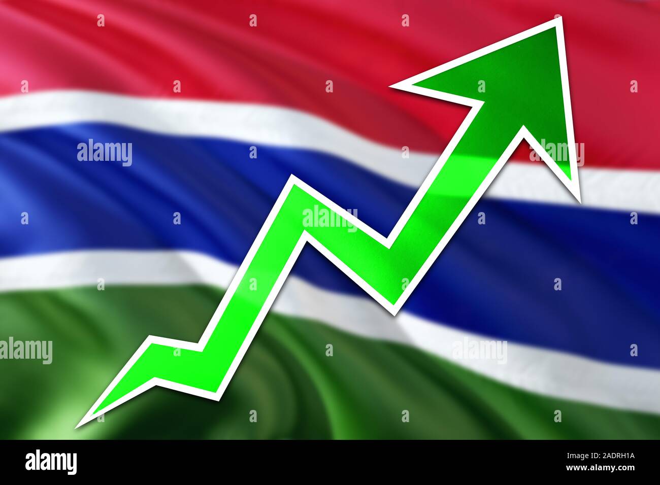 Gambia economy graph is indicating positive growth, green arrow going