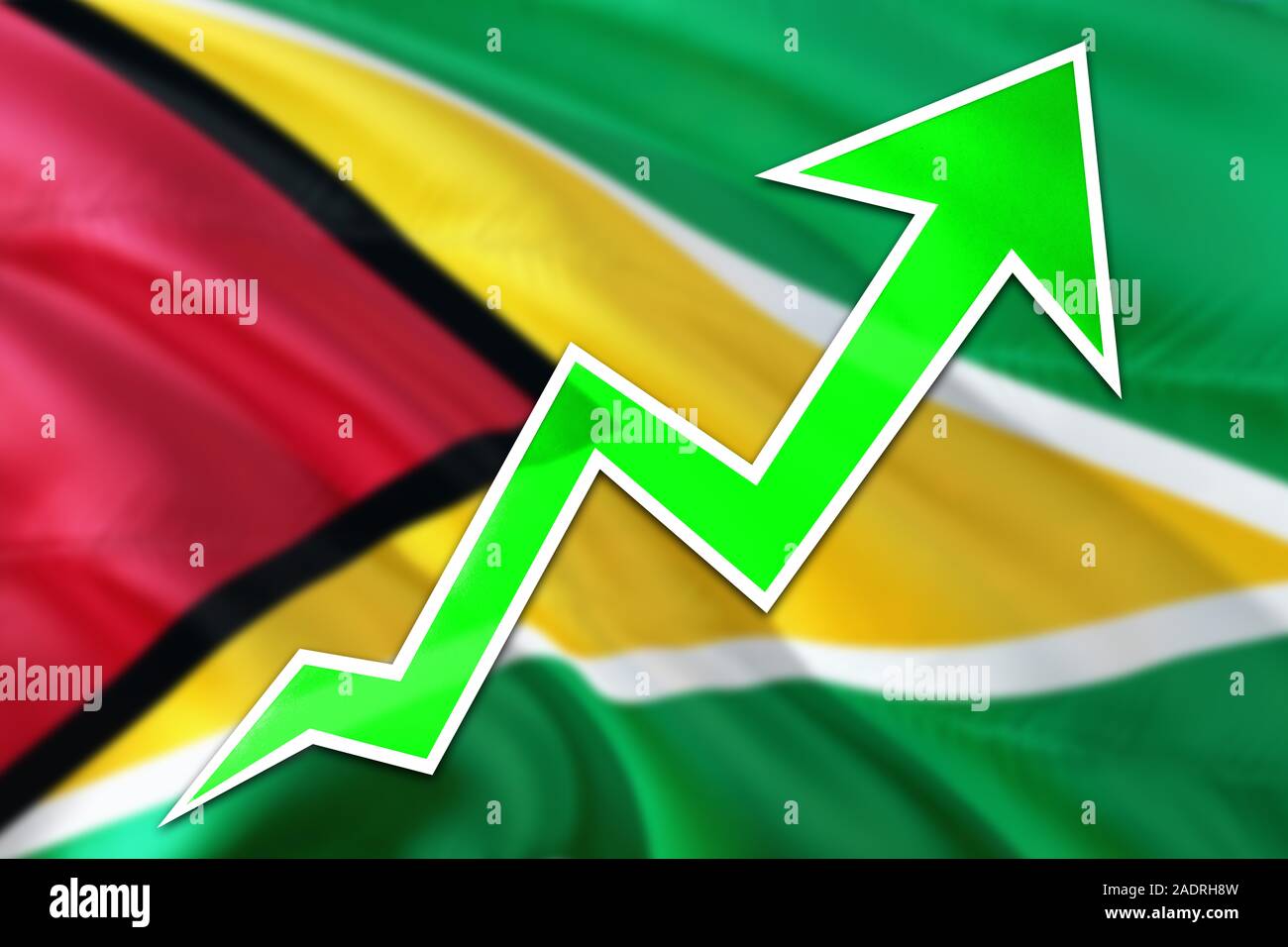 Guyana economy graph is indicating positive growth, green arrow going