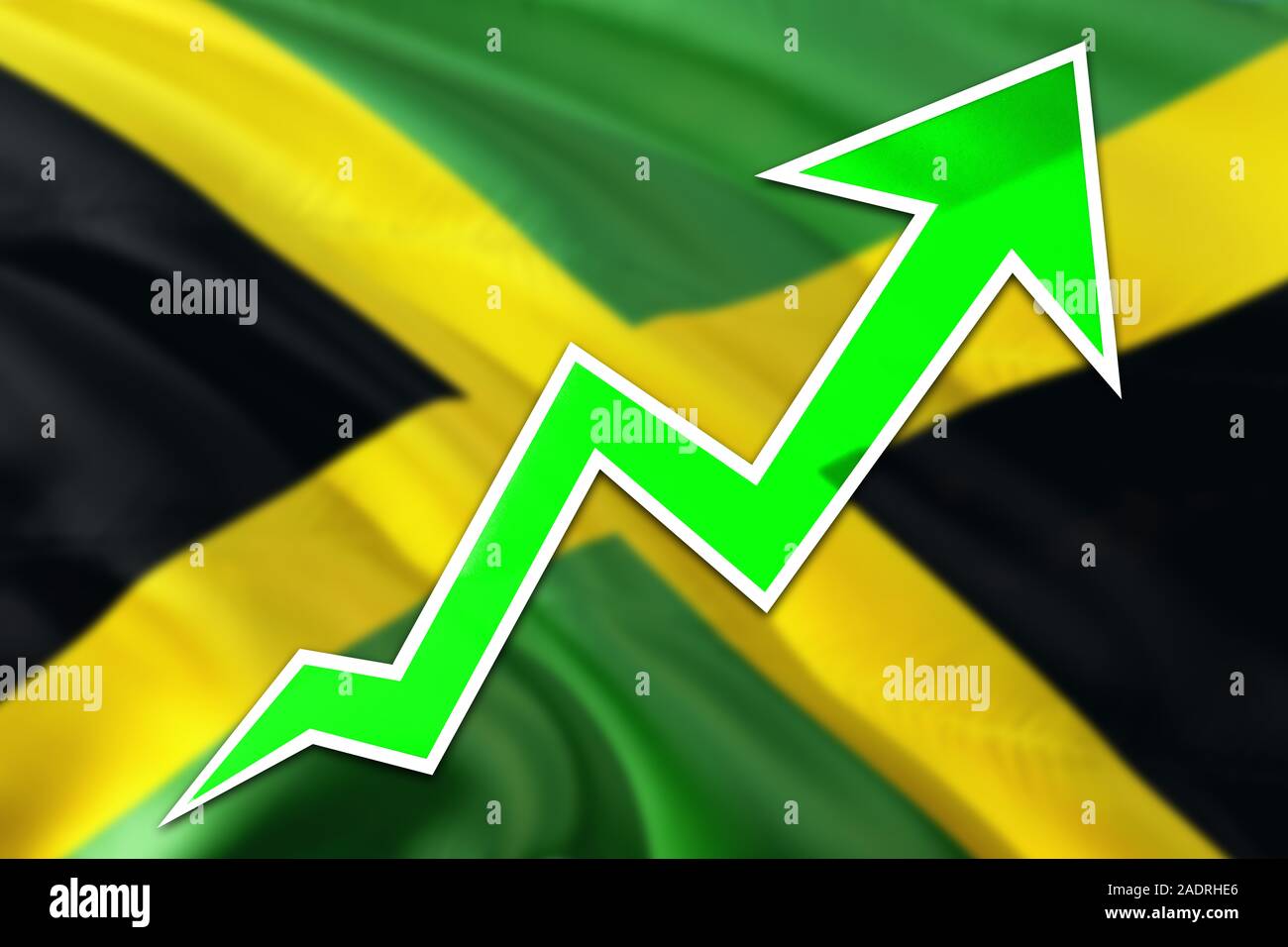 Jamaica economy graph is indicating positive growth, green arrow going