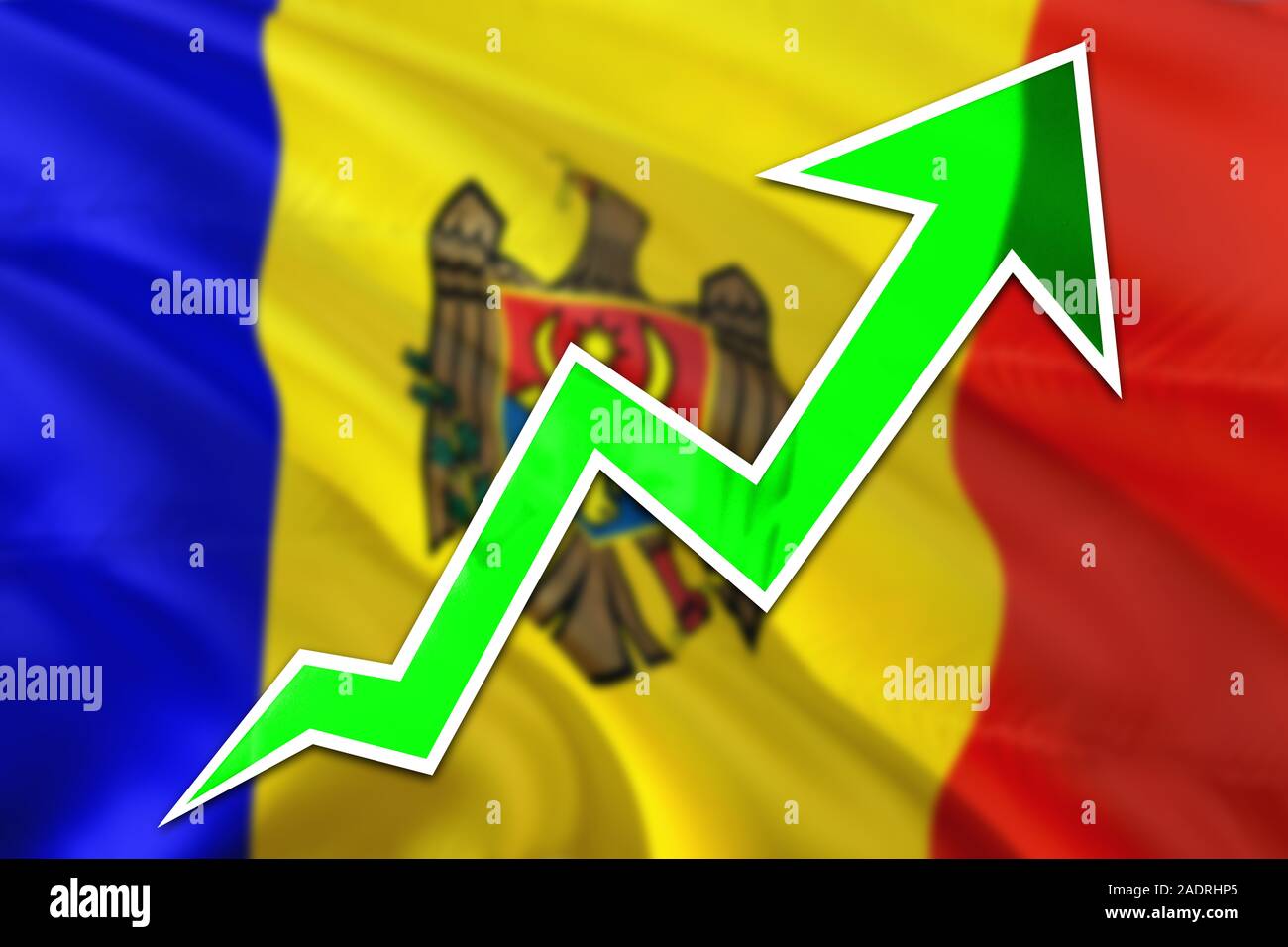 Moldova economy graph is indicating positive growth, green arrow going up with trend line