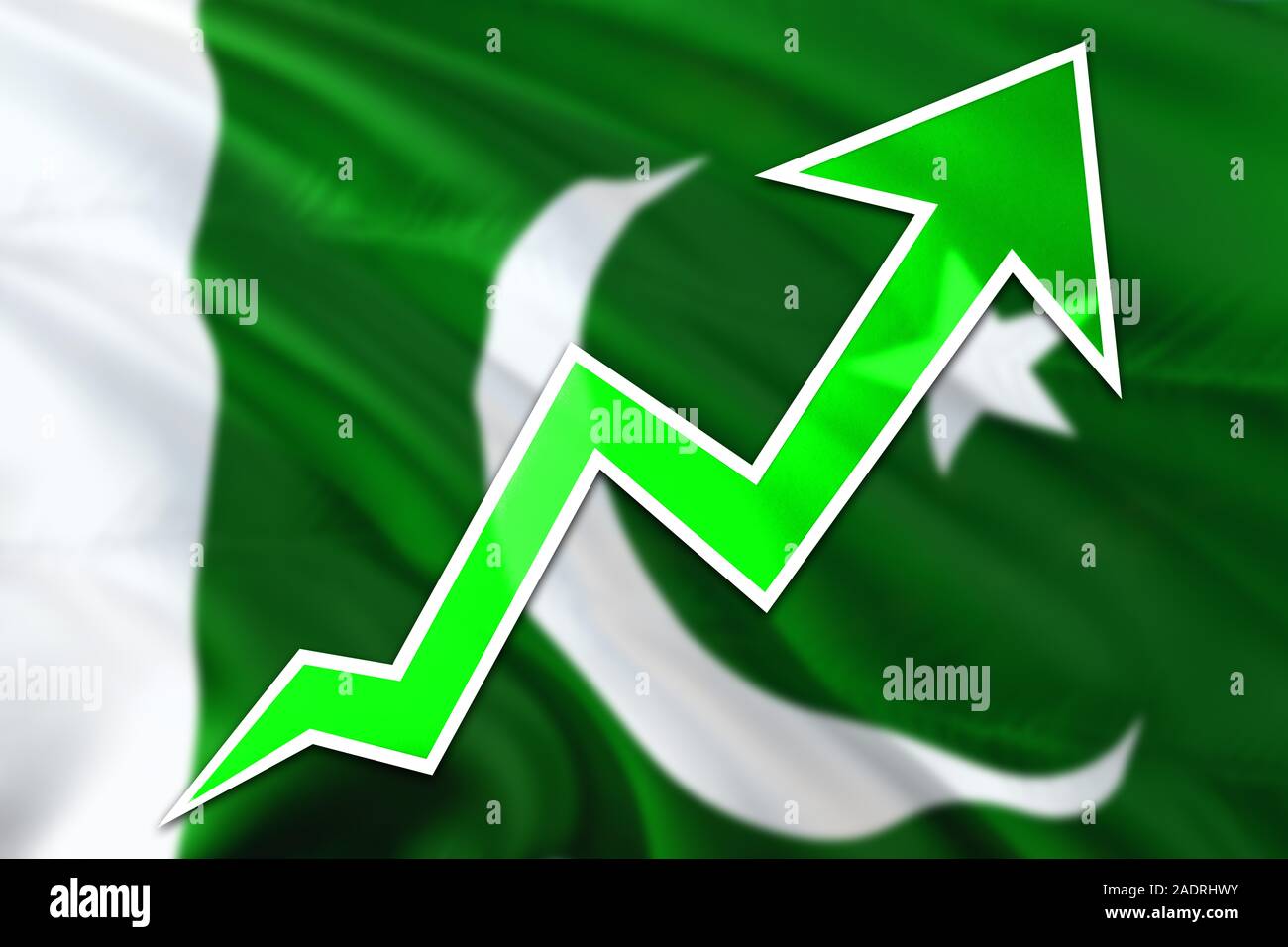 Pakistan economy graph is indicating positive growth, green arrow going