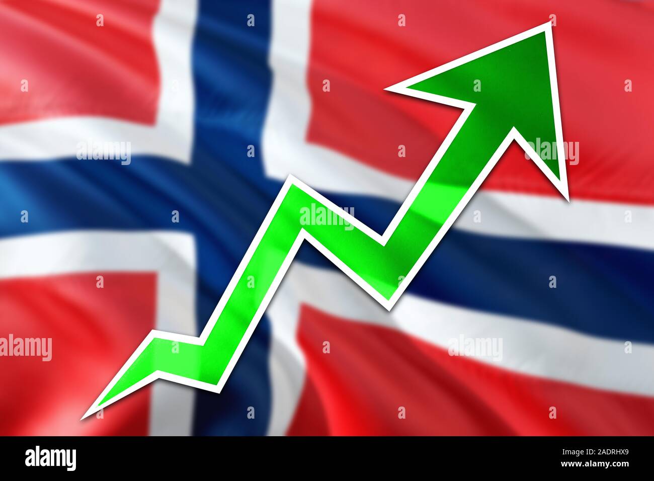 norway economy graph is indicating positive growth, green arrow going up with trend line. business concept on national background stock photo - alamy