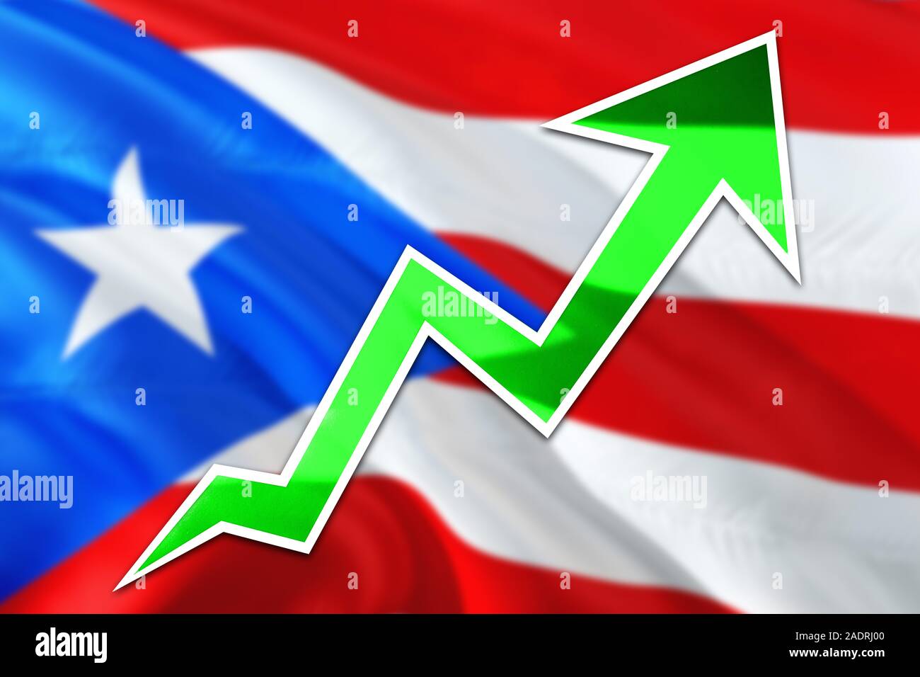 Puerto Rico economy graph is indicating positive growth, green arrow going up with trend line