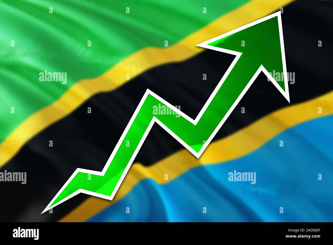 Tanzania economy graph is indicating positive growth, green arrow going