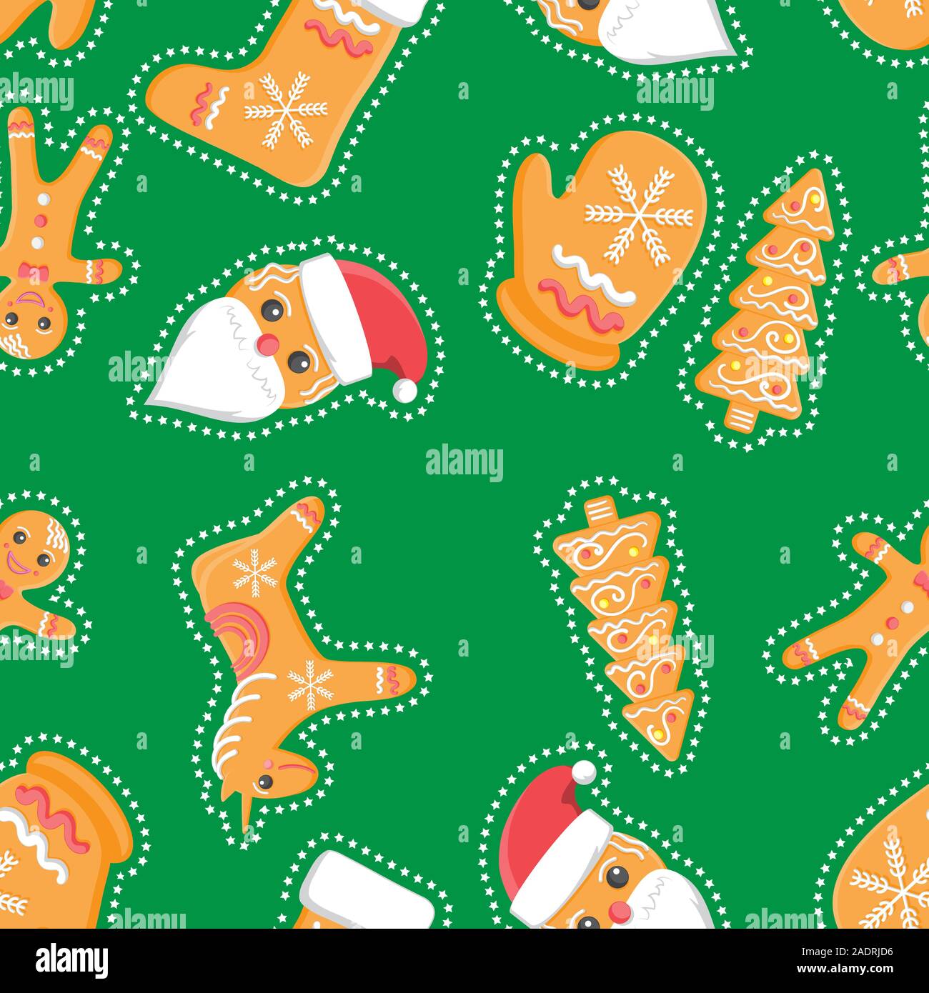 Vector seamless background with Christmas gingerbread cookies on green. Stock Vector