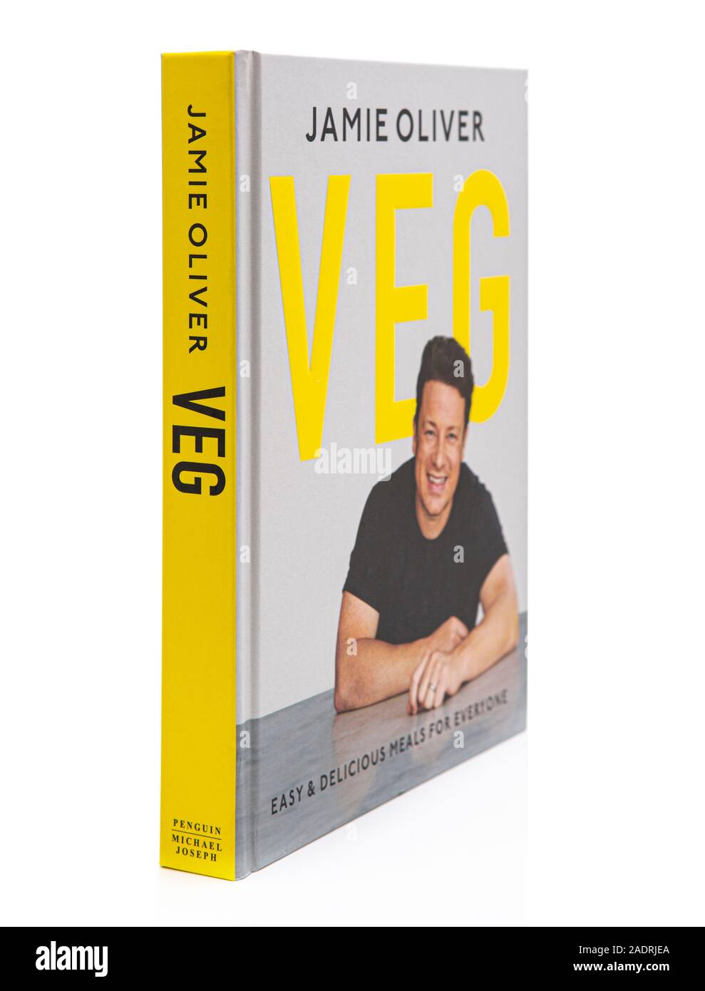 SWINDON, UK - NOVEMBER 25, 2019: Jamie Oliver Veg Cook Book, Easy and Delicious Meals for everyone on a white background. Stock Photo