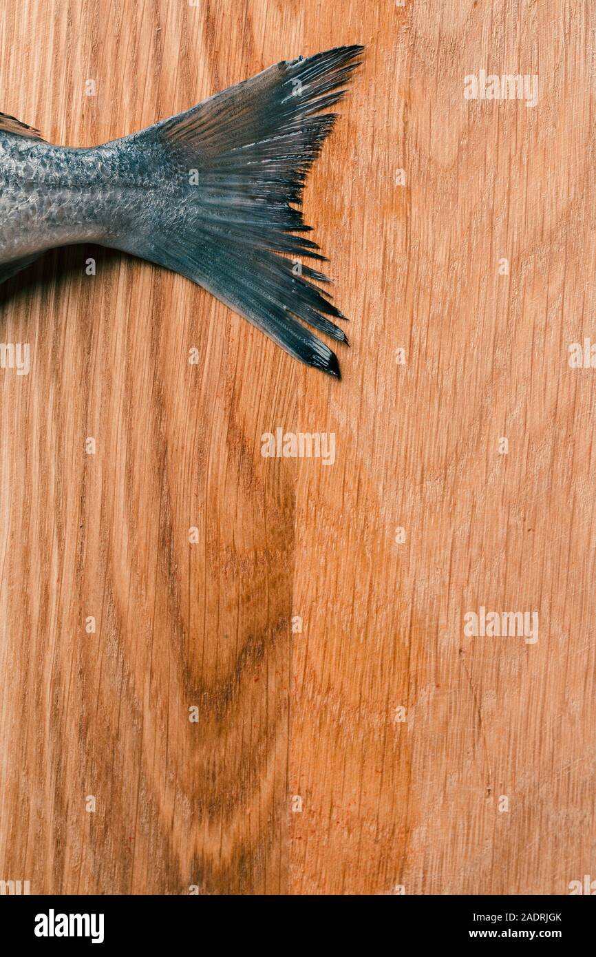 Wet raw fish tail on the wooden cutting board surface Stock Photo