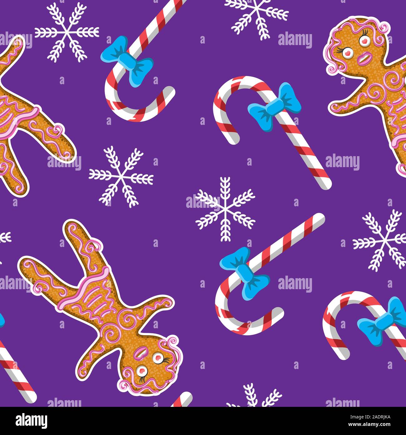 Seamless background with gingerbread man and candy snowflake on purple background. Vector image. Stock Vector