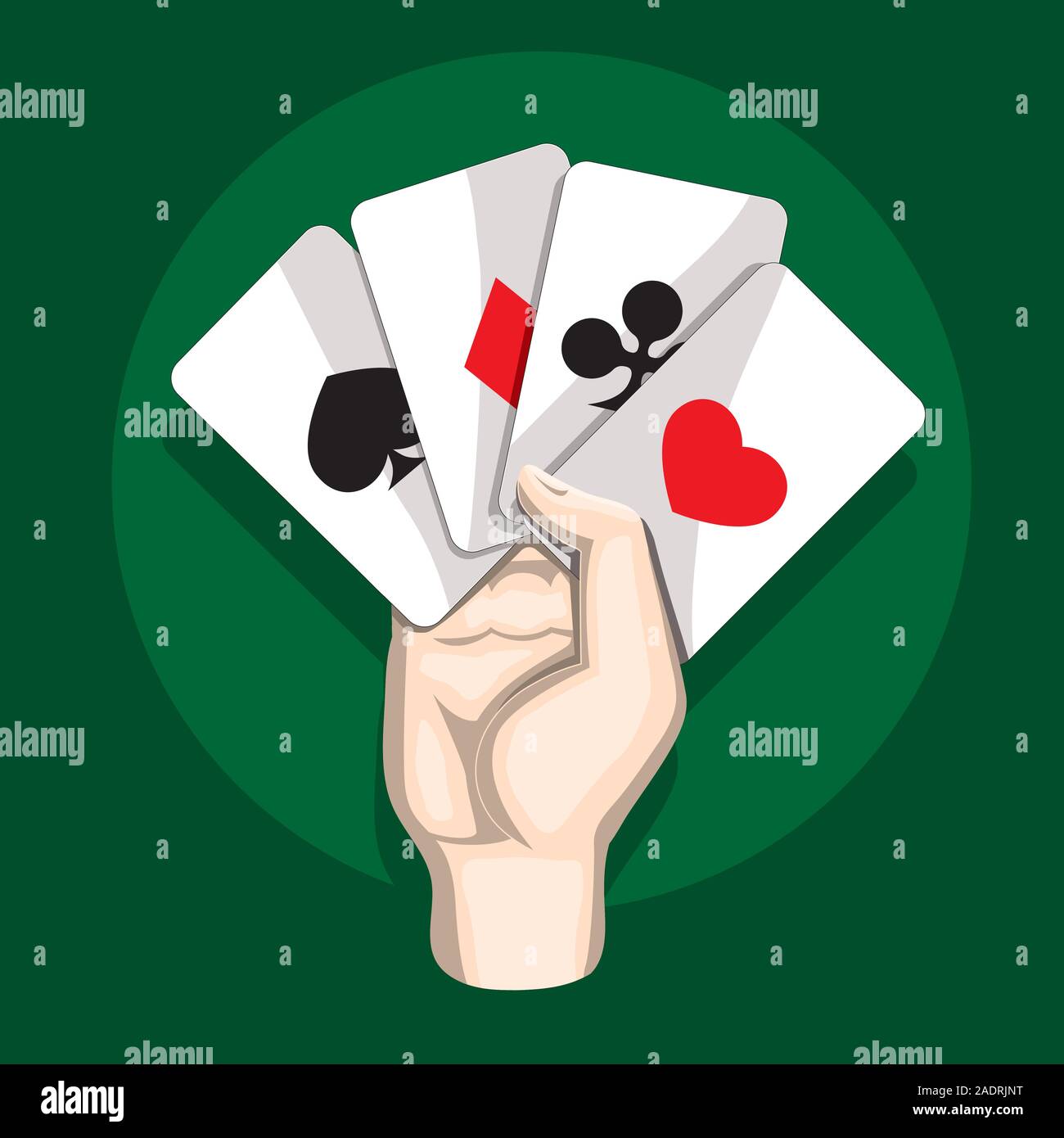 Hand with playing cards on green isolated background. Vector image. Stock Vector