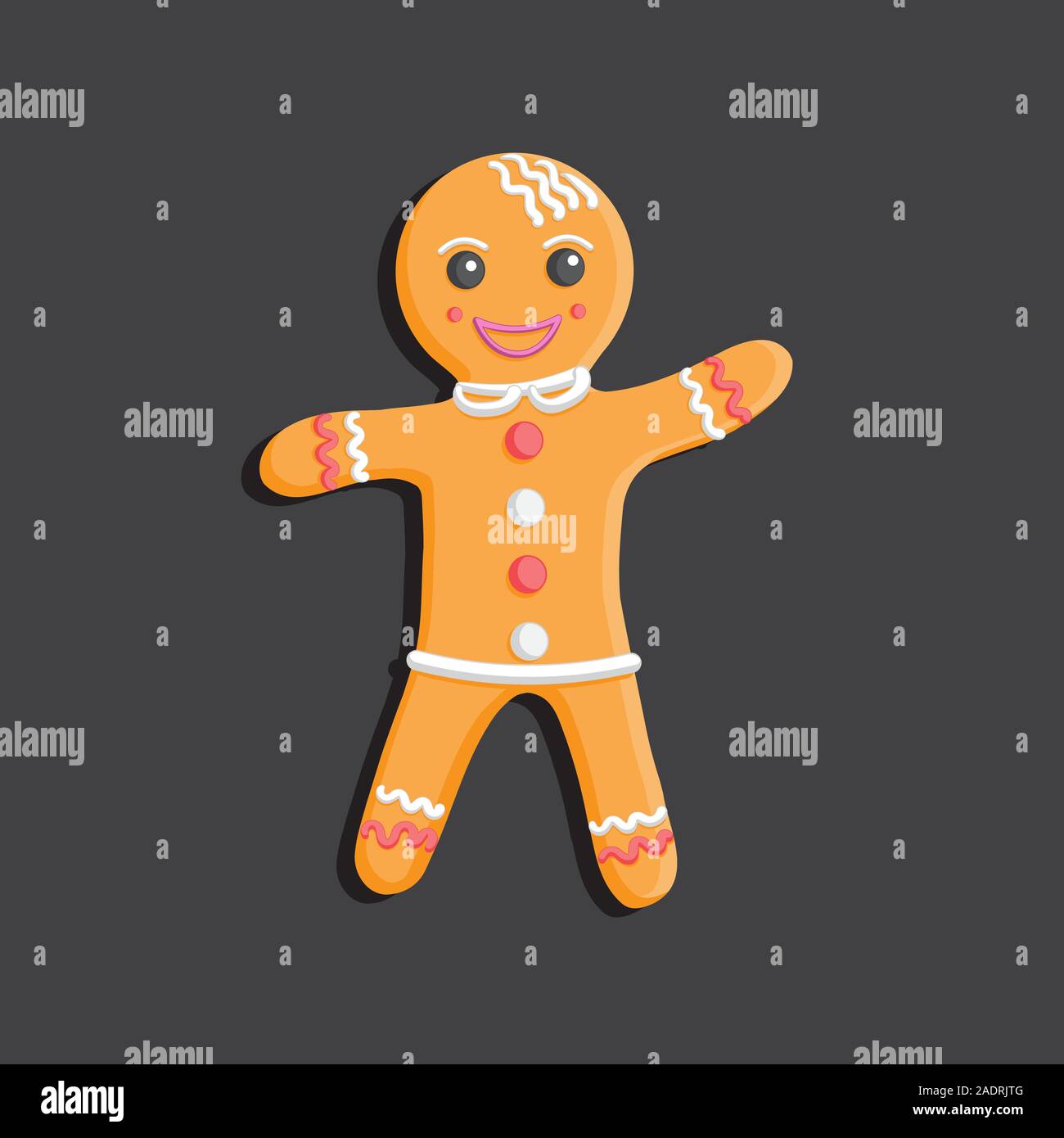Gingerbread man Christmas cookie character on dark isolated background. Design element. Vector illustration. Stock Vector