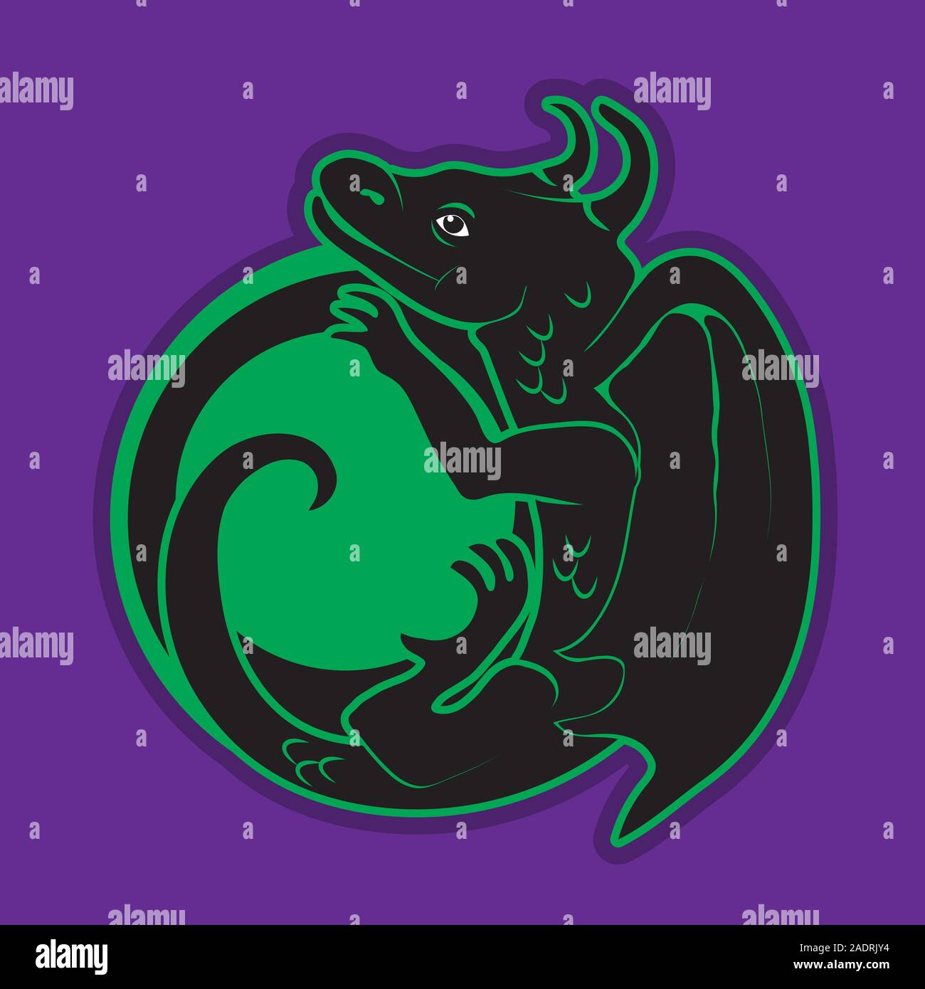 Black dragon silhouette isolated on purple background. Vector image. Stock Vector