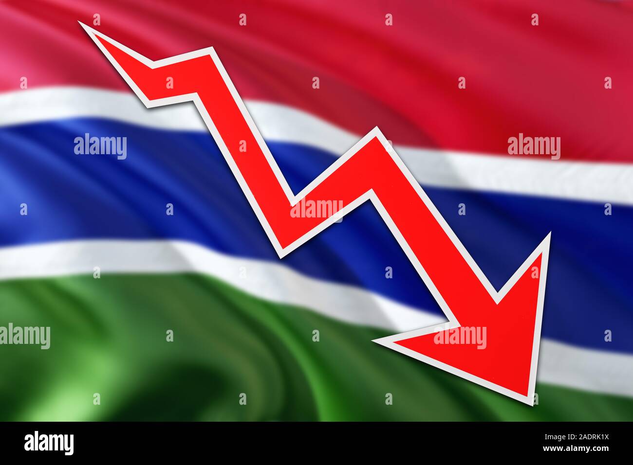 Gambia economy graph is indicating negative growth, red arrow going