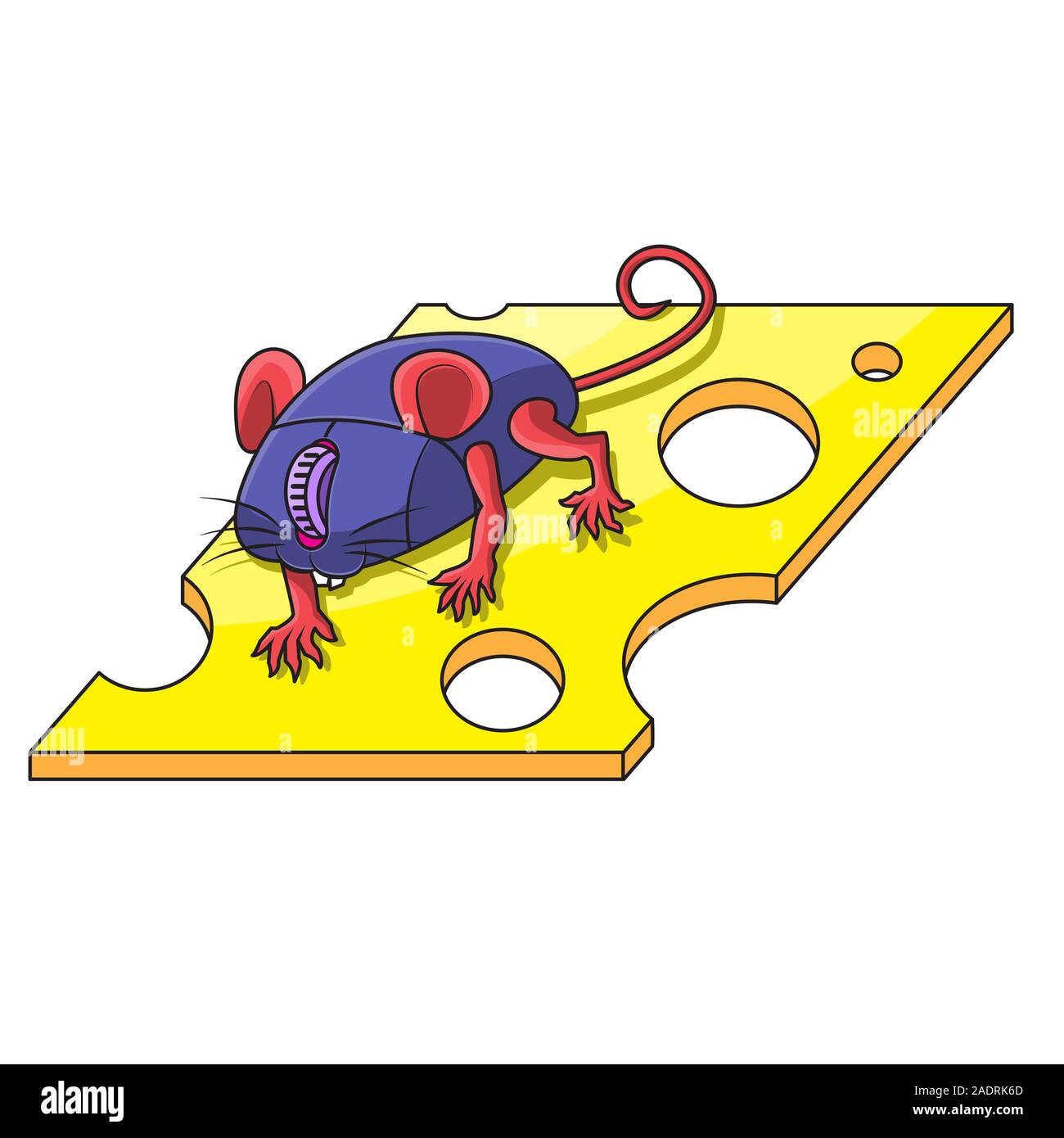 A computer mouse with paws and ears runs along a cheese path on a white isolated background. Vector image. Stock Vector