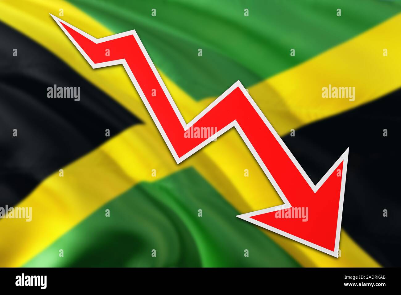 Jamaica economy graph is indicating negative growth, red arrow going
