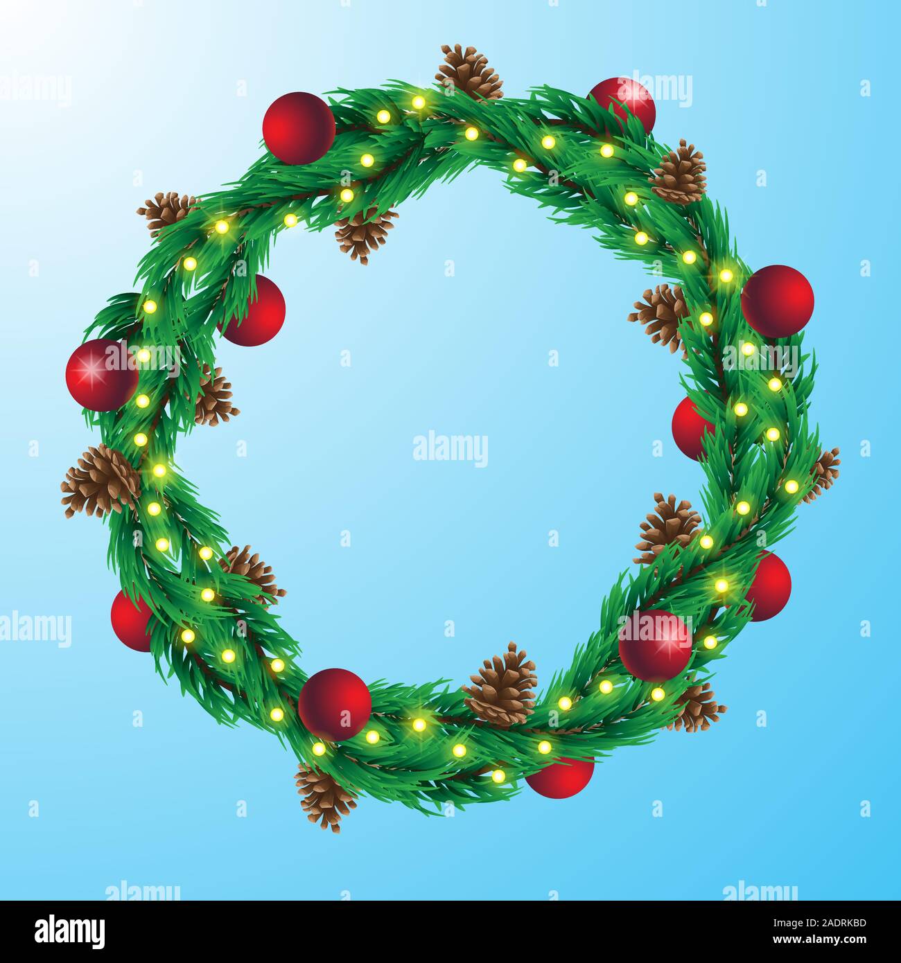 Christmas wreath template with garlands of forest cones and glass balls