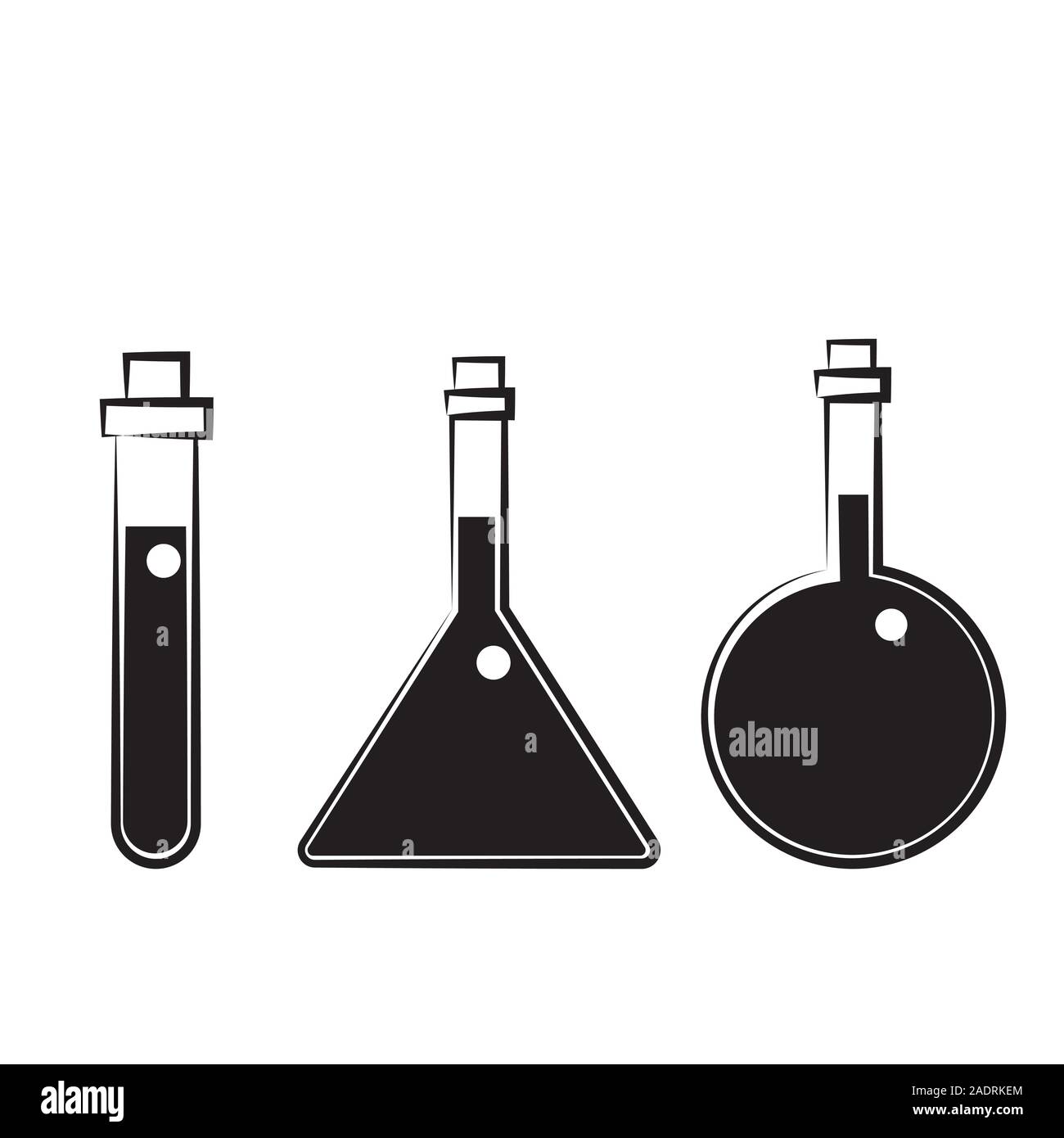Chemistry beakers with Erlenmeyer flask and test tube holding chemicals