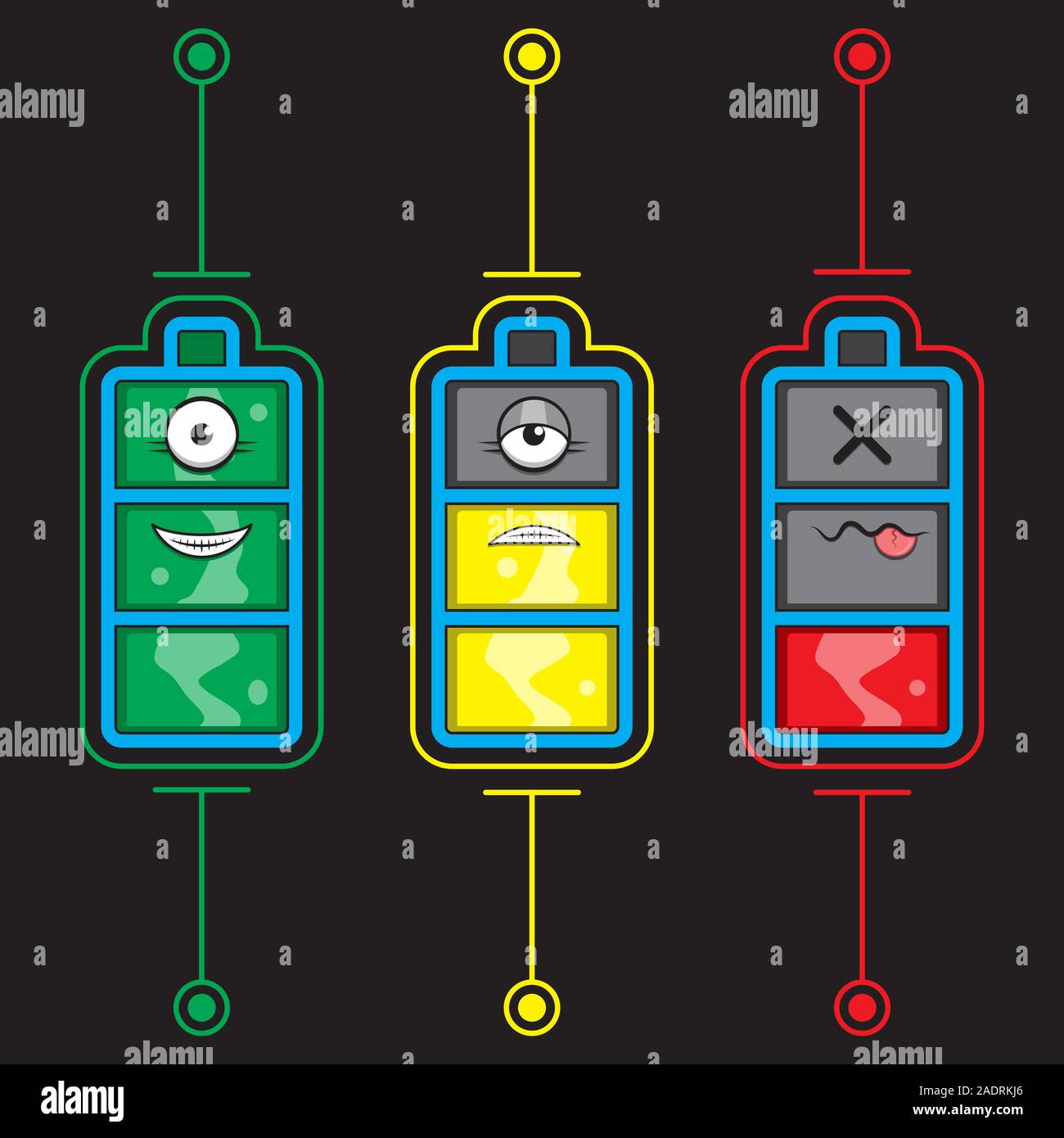 set of icons character charging battery on black isolated background. Vector image. Stock Vector